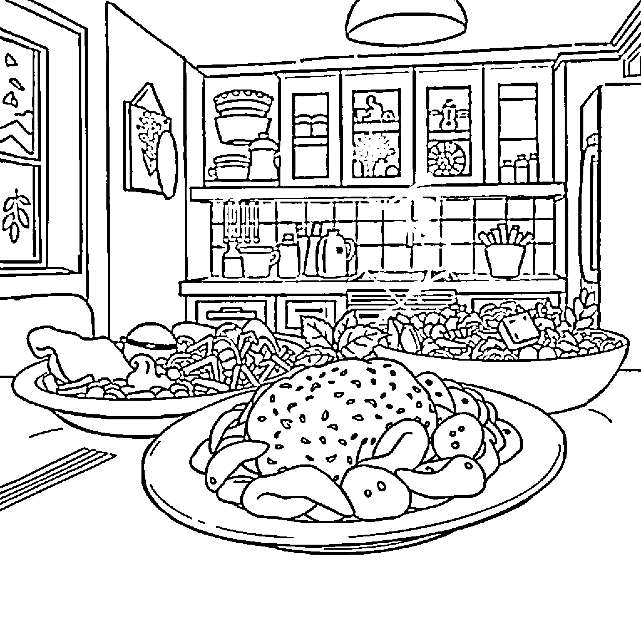 Brainrot: Cozy kitchen with delectable treats Coloring Page (free black-and-white line drawing printable PDF for all, from beginners to advanced learners, including children, teens, adults, and seniors)
