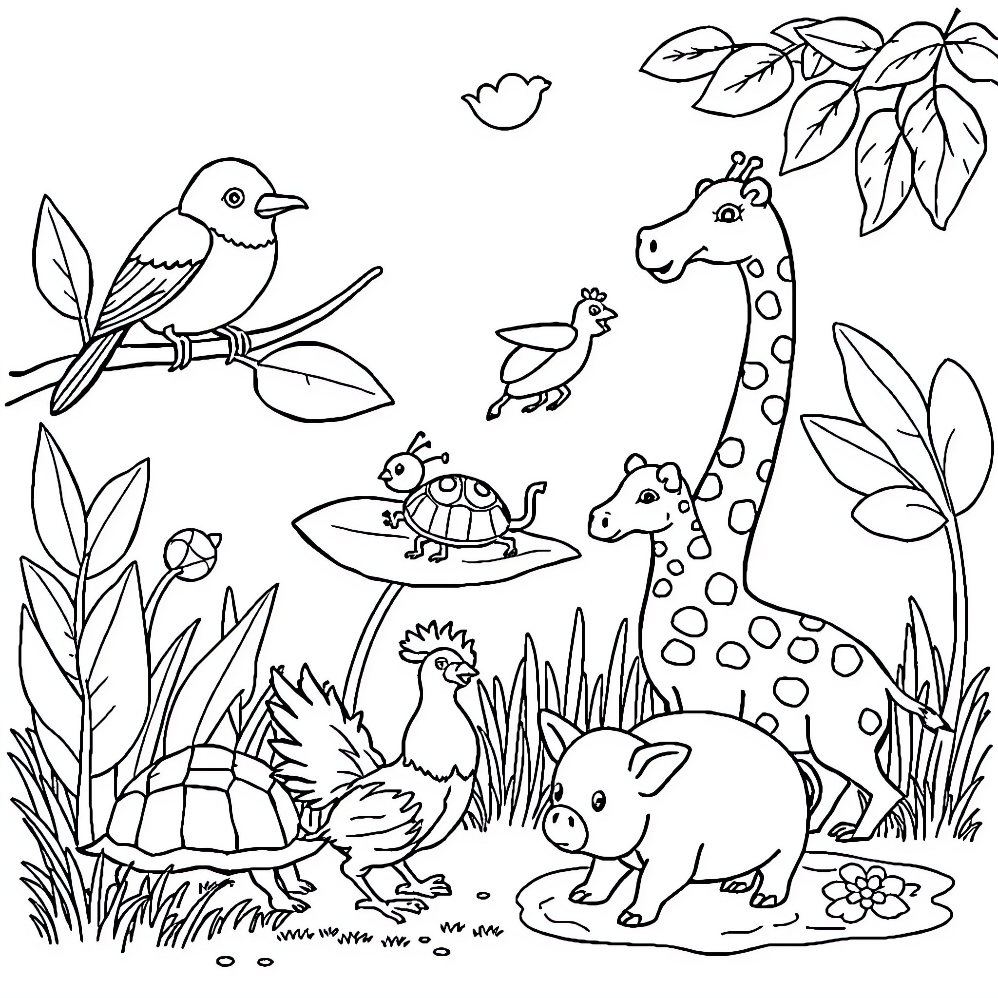 Animal friends in a nature scene Coloring Page (free black-and-white line drawing printable PDF for all, from beginners to advanced learners, including children, teens, adults, and seniors)