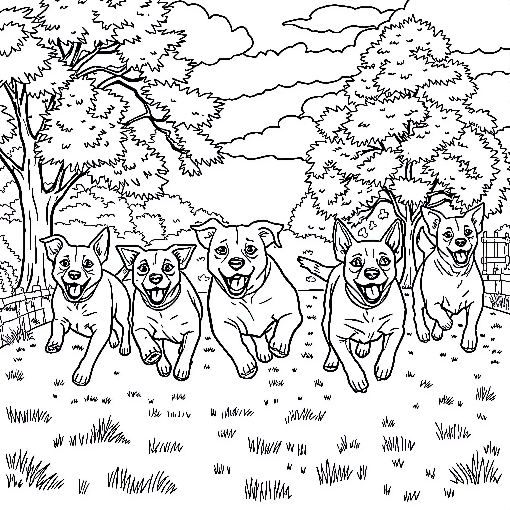Dogs running excitedly in the park Coloring Page (free black-and-white line drawing printable PDF for all, from beginners to advanced learners, including children, teens, adults, and seniors)