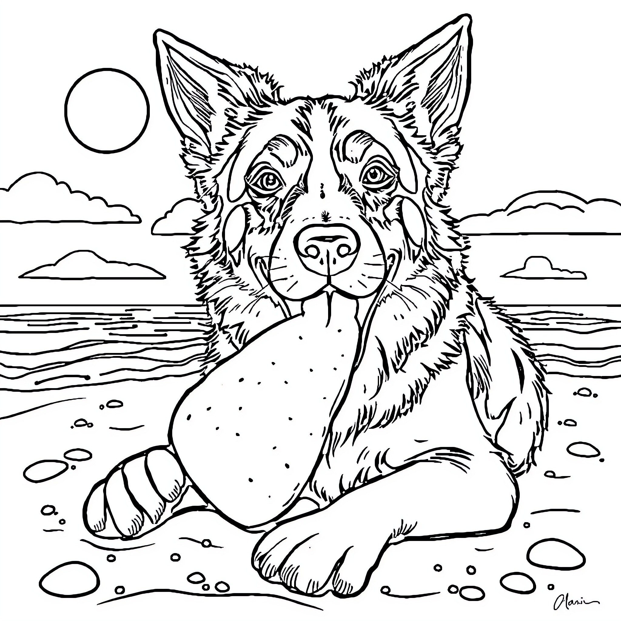 Perro relajándose en la playa Coloring Page (free black-and-white line drawing printable PDF for all, from beginners to advanced learners, including children, teens, adults, and seniors)