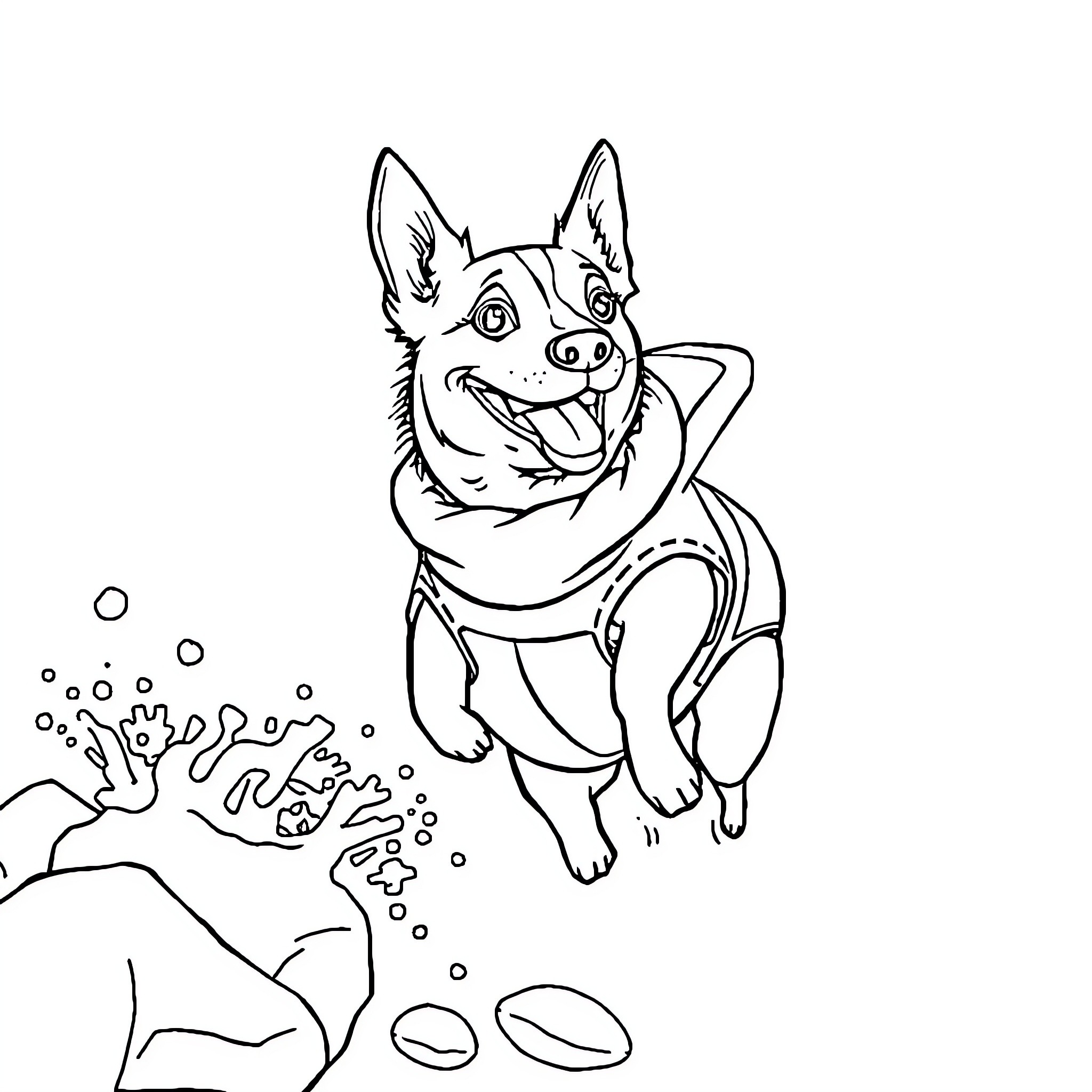 Dog playing happily in the ocean Coloring Page (free black-and-white line drawing printable PDF for all, from beginners to advanced learners, including children, teens, adults, and seniors)