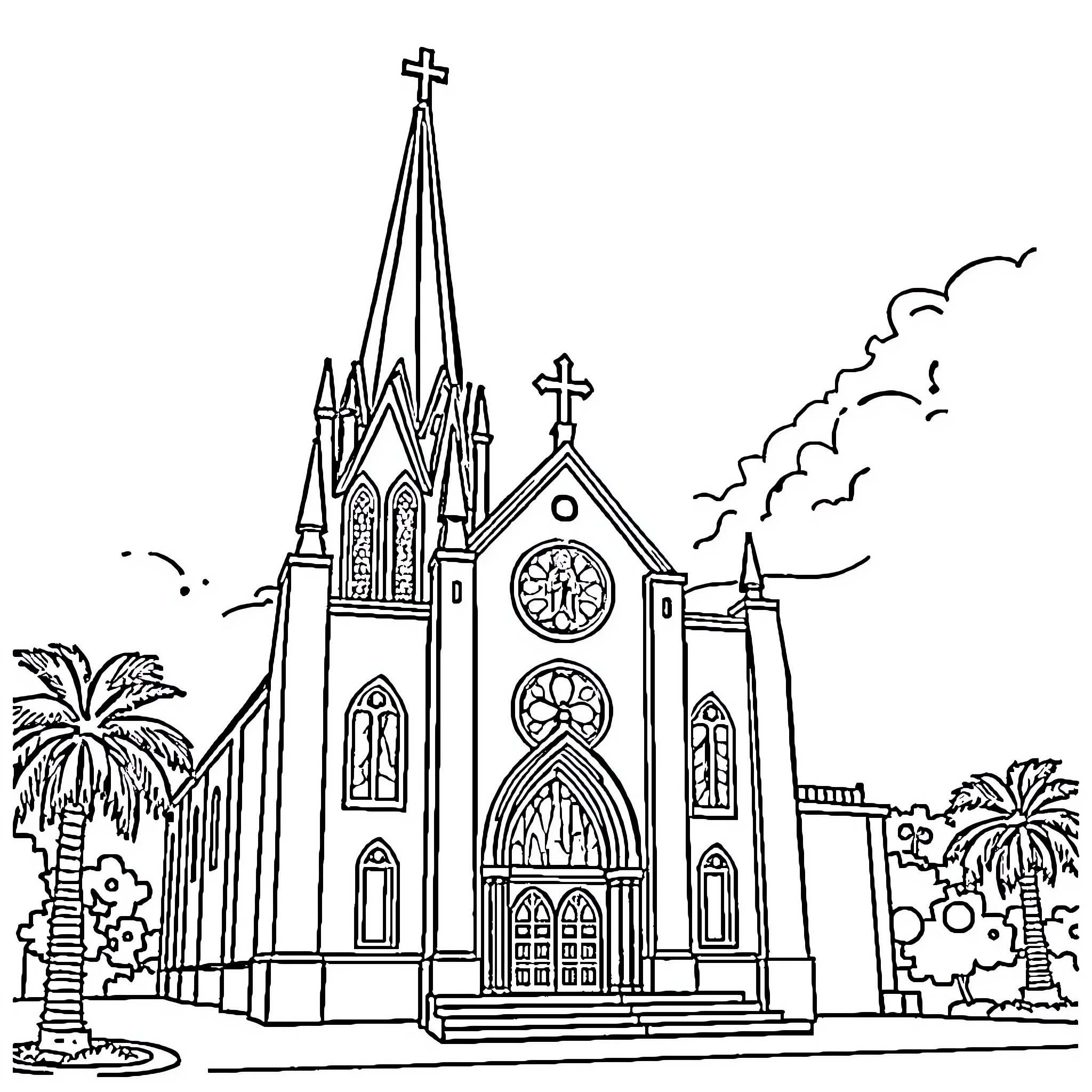 Church with Gothic architecture and surrounding landscape Coloring Page (free black-and-white line drawing printable PDF for all, from beginners to advanced learners, including children, teens, adults, and seniors)