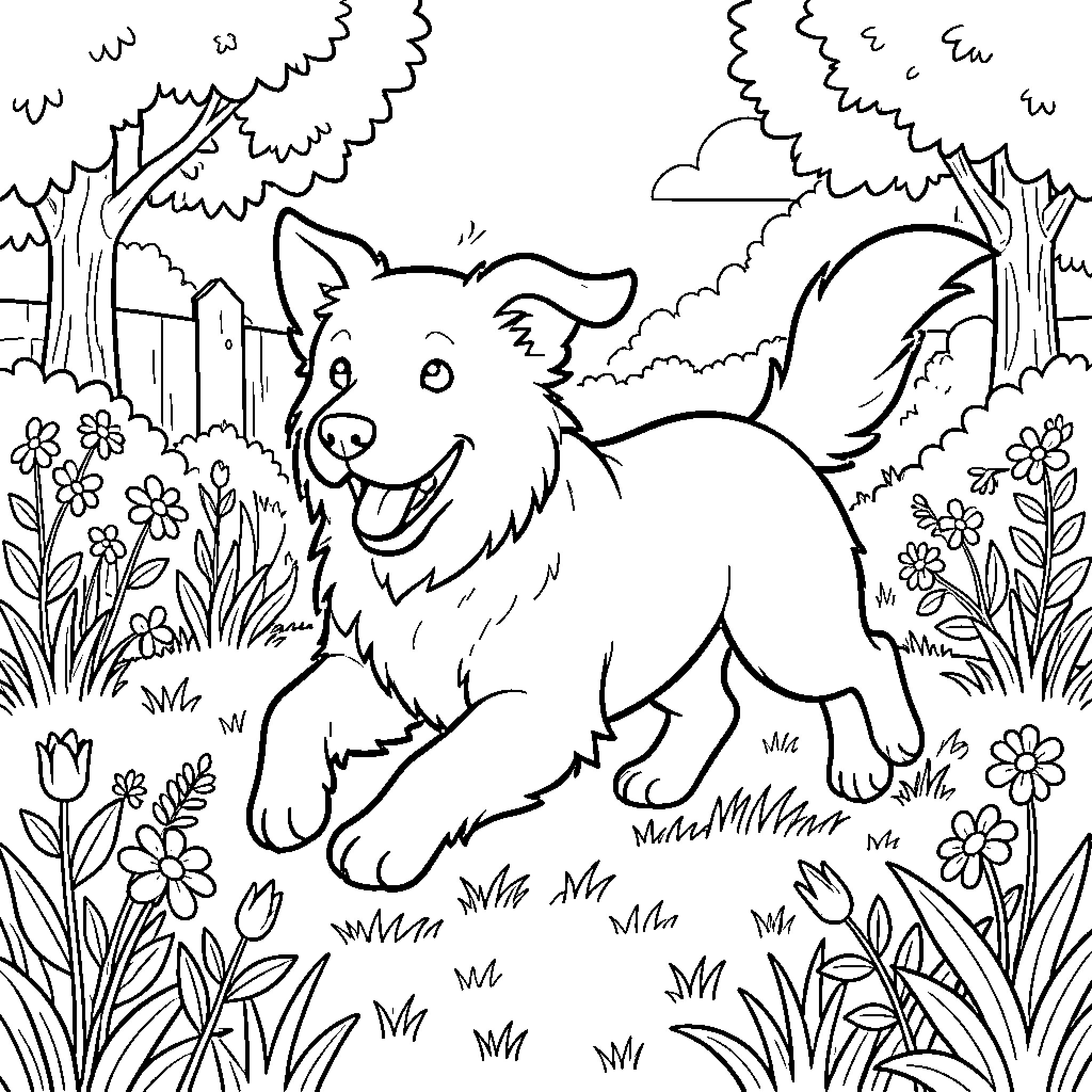 Dog running happily through a flowery meadow Coloring Page (free black-and-white line drawing printable PDF for all, from beginners to advanced learners, including children, teens, adults, and seniors)