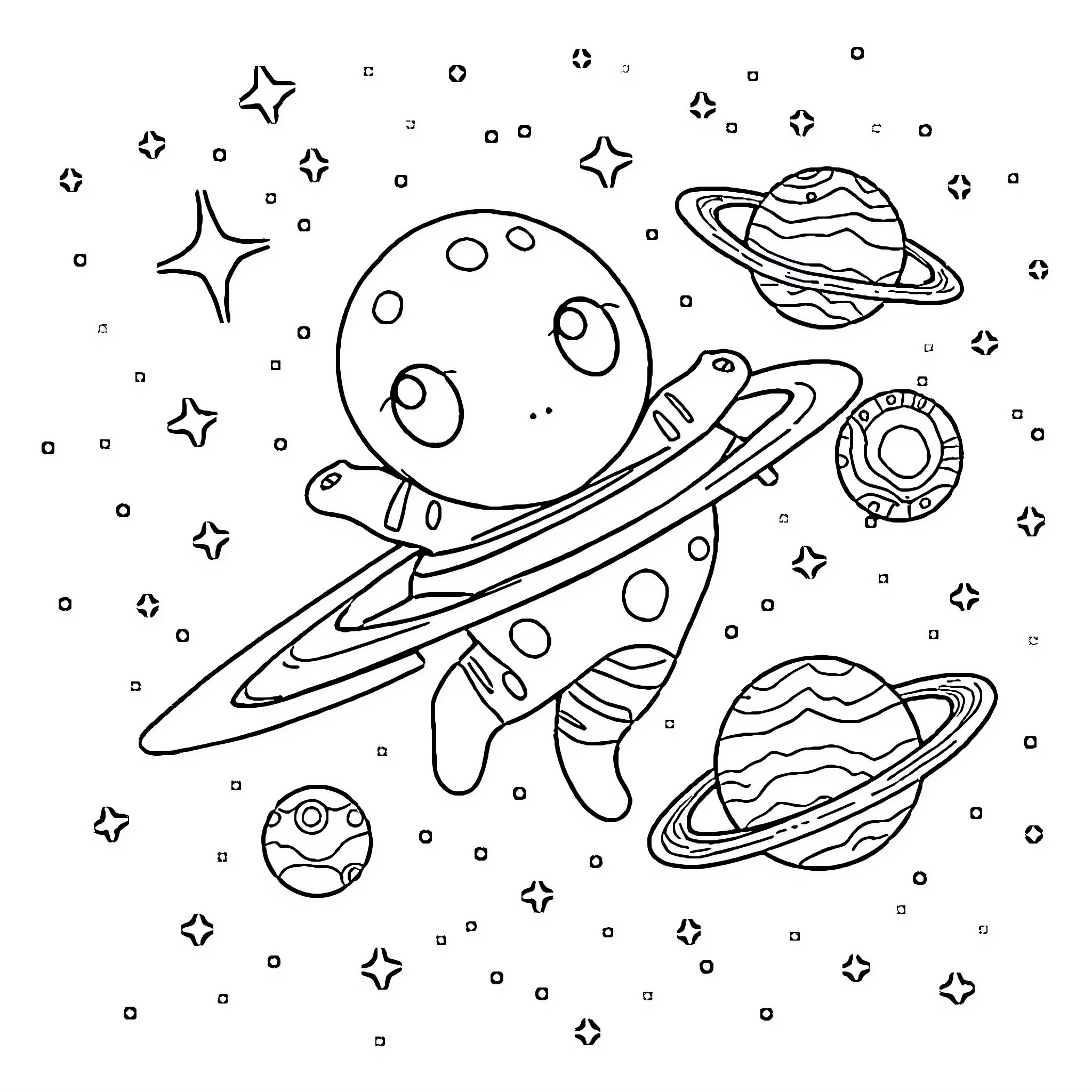 Pii exploring the cosmic space Coloring Page (free black-and-white line drawing printable PDF for all, from beginners to advanced learners, including children, teens, adults, and seniors)