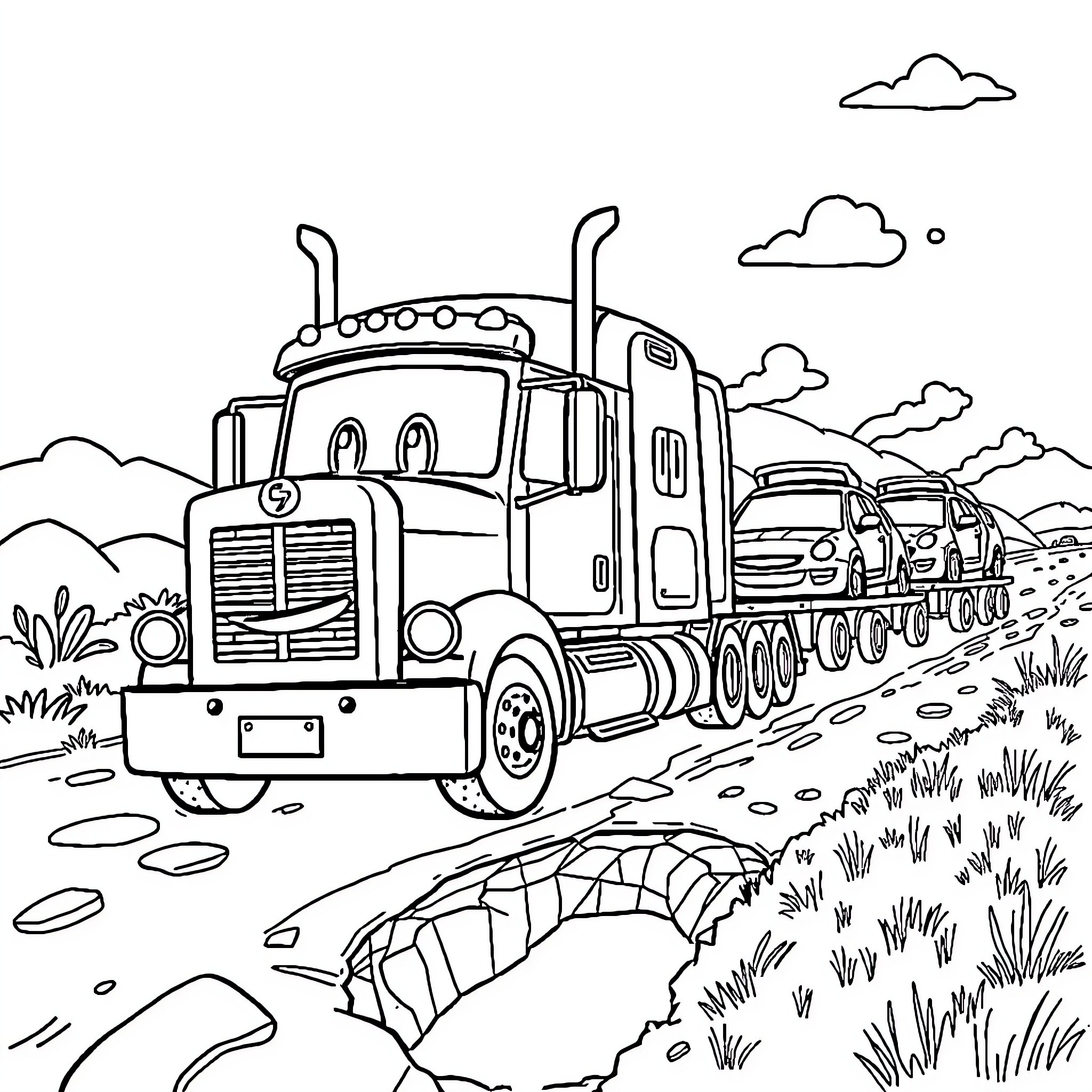 Truck carrying goods on a winding country road Coloring Page (free black-and-white line drawing printable PDF for all, from beginners to advanced learners, including children, teens, adults, and seniors)