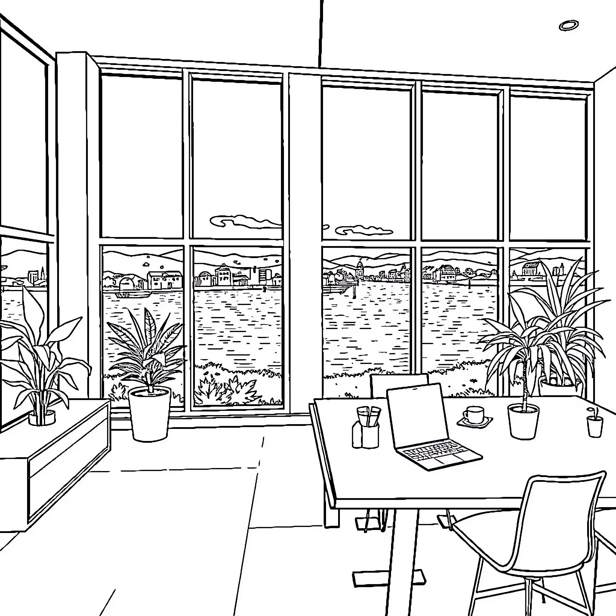 Coworking Space with Scenic Window View Coloring Page (free black-and-white line drawing printable PDF for all, from beginners to advanced learners, including children, teens, adults, and seniors)