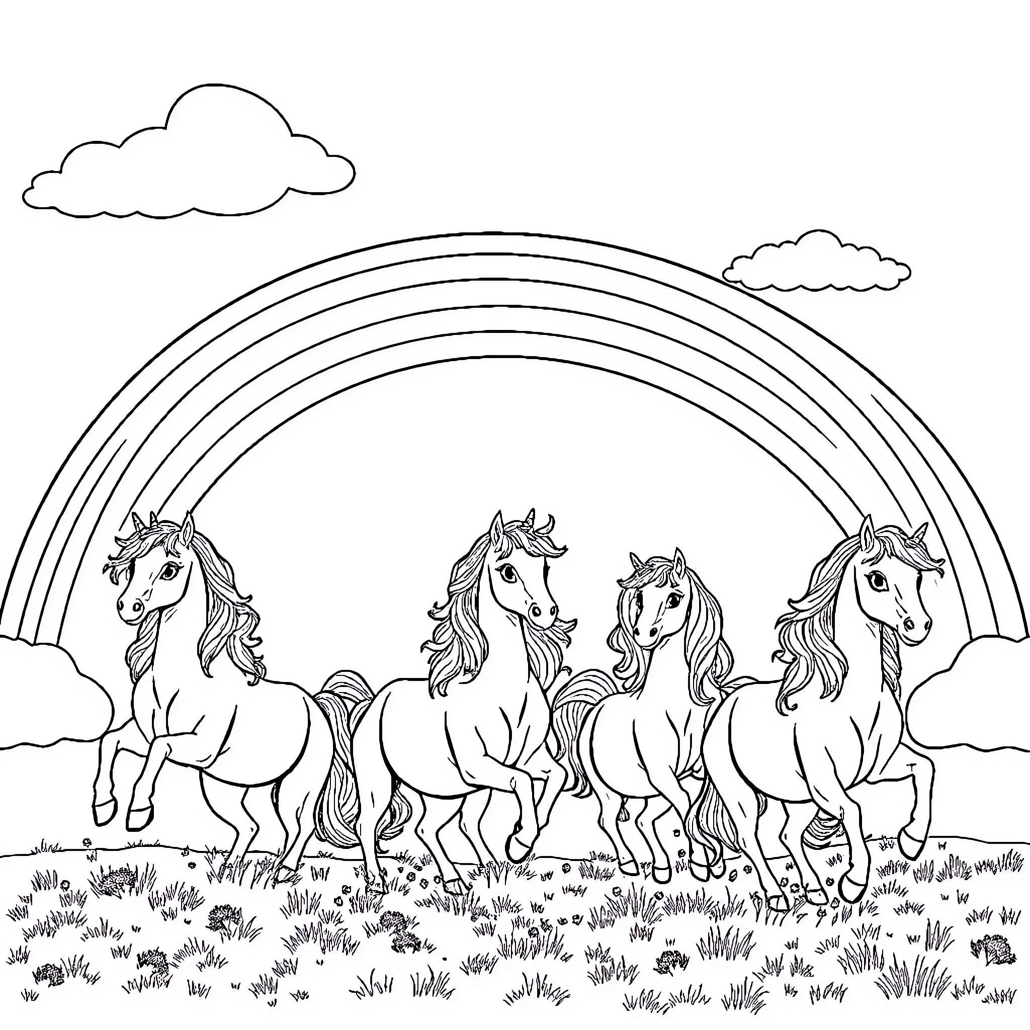 Unicorn Herd Frolicking Under Rainbow Skies Coloring Page (free black-and-white line drawing printable PDF for all, from beginners to advanced learners, including children, teens, adults, and seniors)