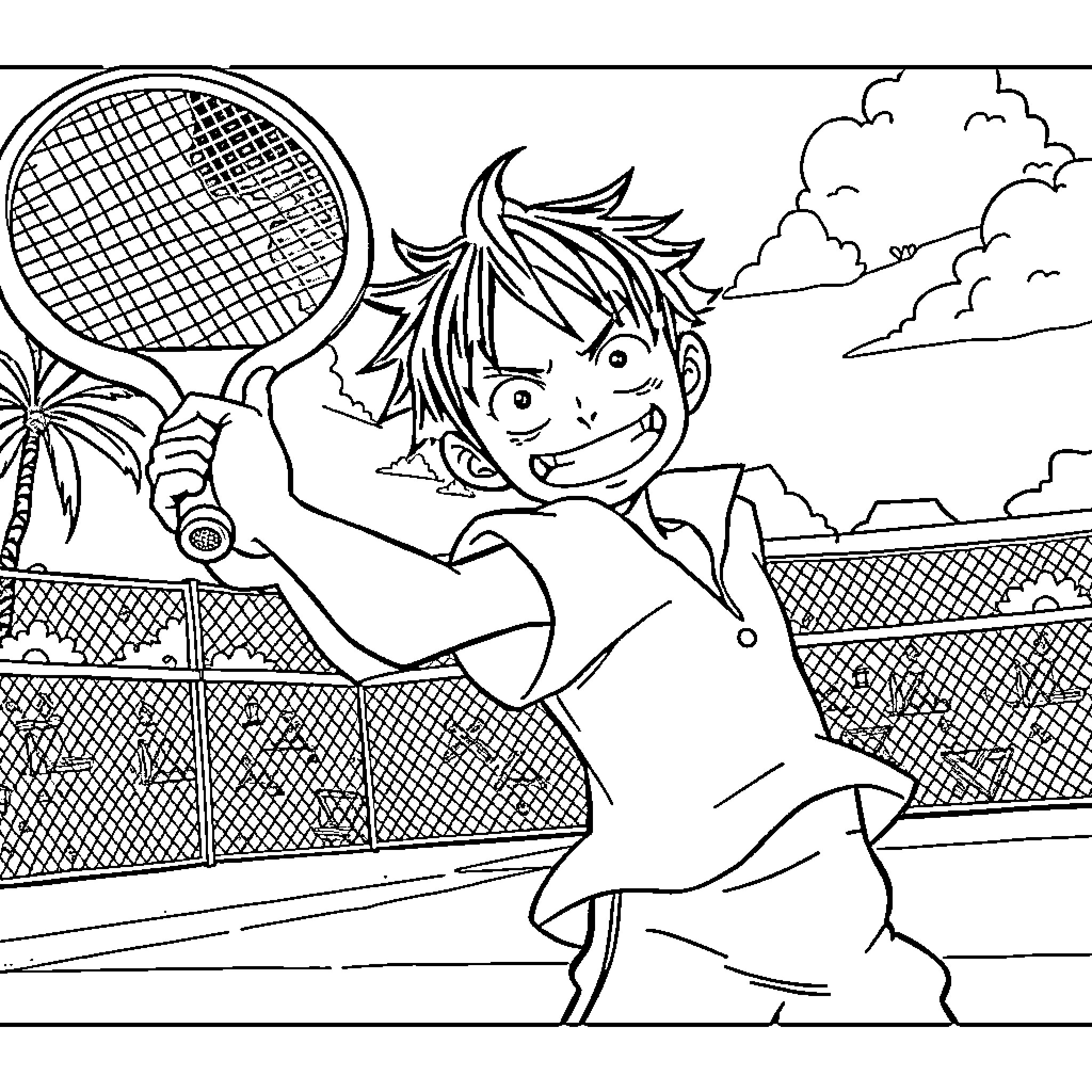 Luffy playing energetically on a tennis court Coloring Page (free black-and-white line drawing printable PDF for all, from beginners to advanced learners, including children, teens, adults, and seniors)