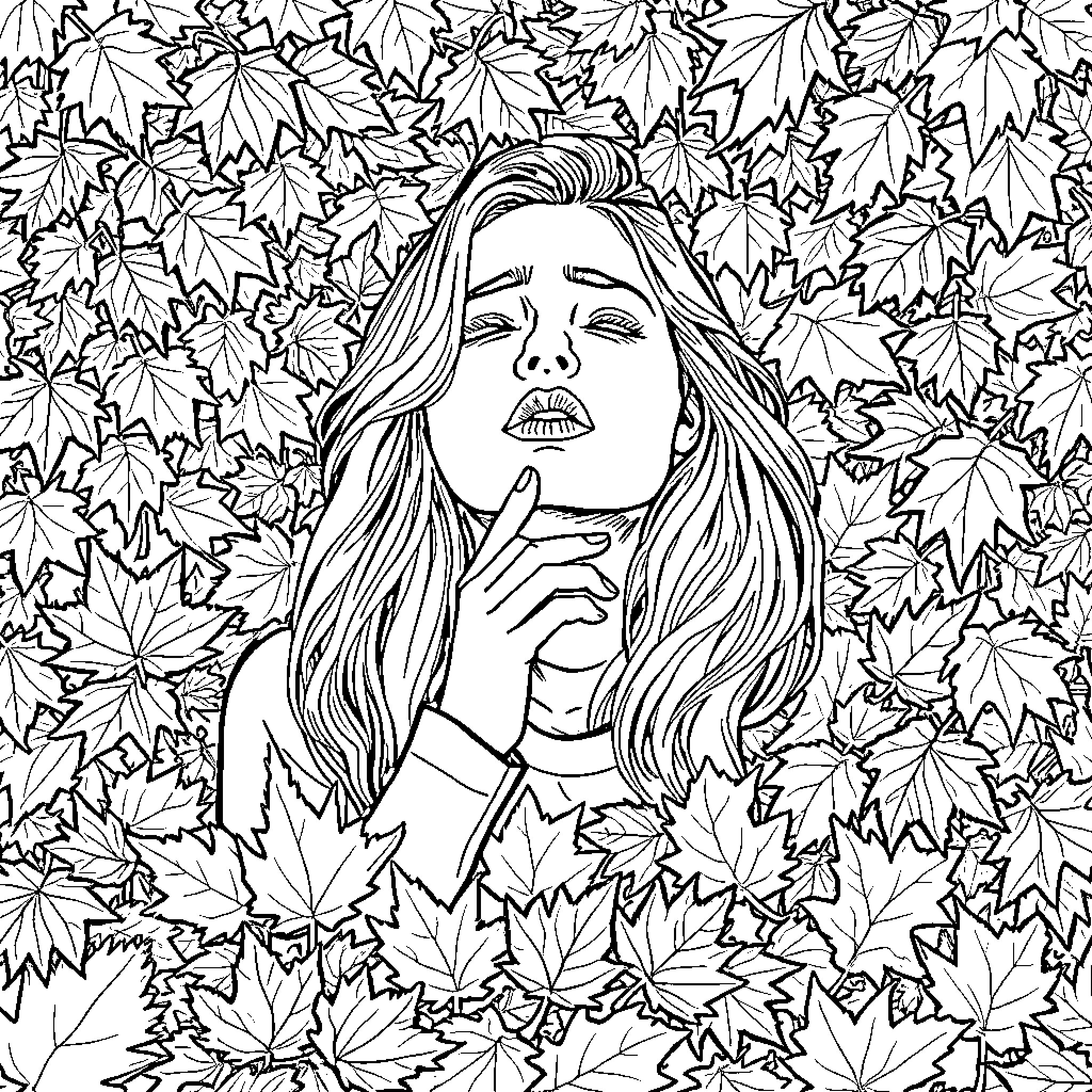 Woman surrounded by a vibrant leaf collage Coloring Page (free black-and-white line drawing printable PDF for all, from beginners to advanced learners, including children, teens, adults, and seniors)