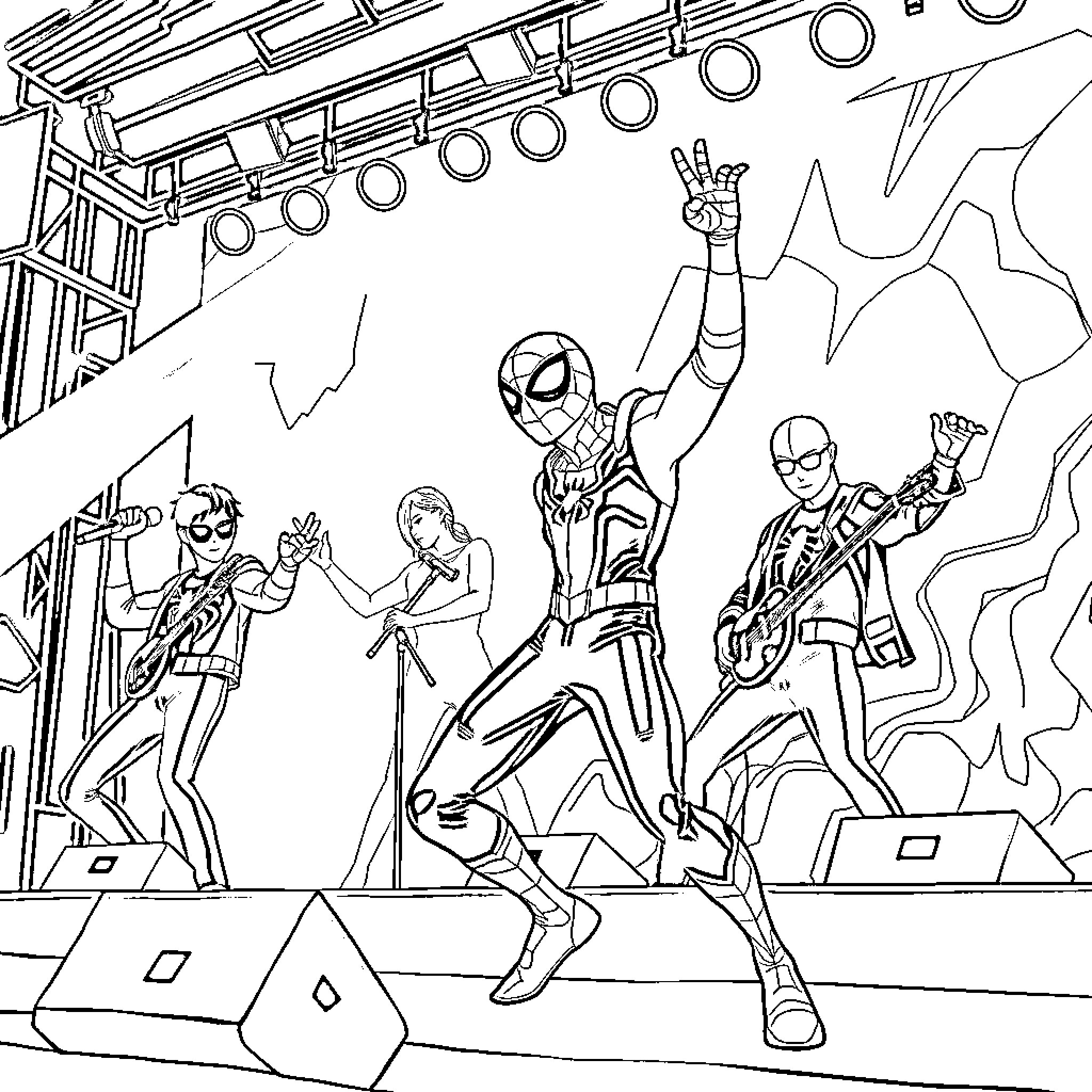 Spiderman and friends rock out on stage Coloring Page (free black-and-white line drawing printable PDF for all, from beginners to advanced learners, including children, teens, adults, and seniors)