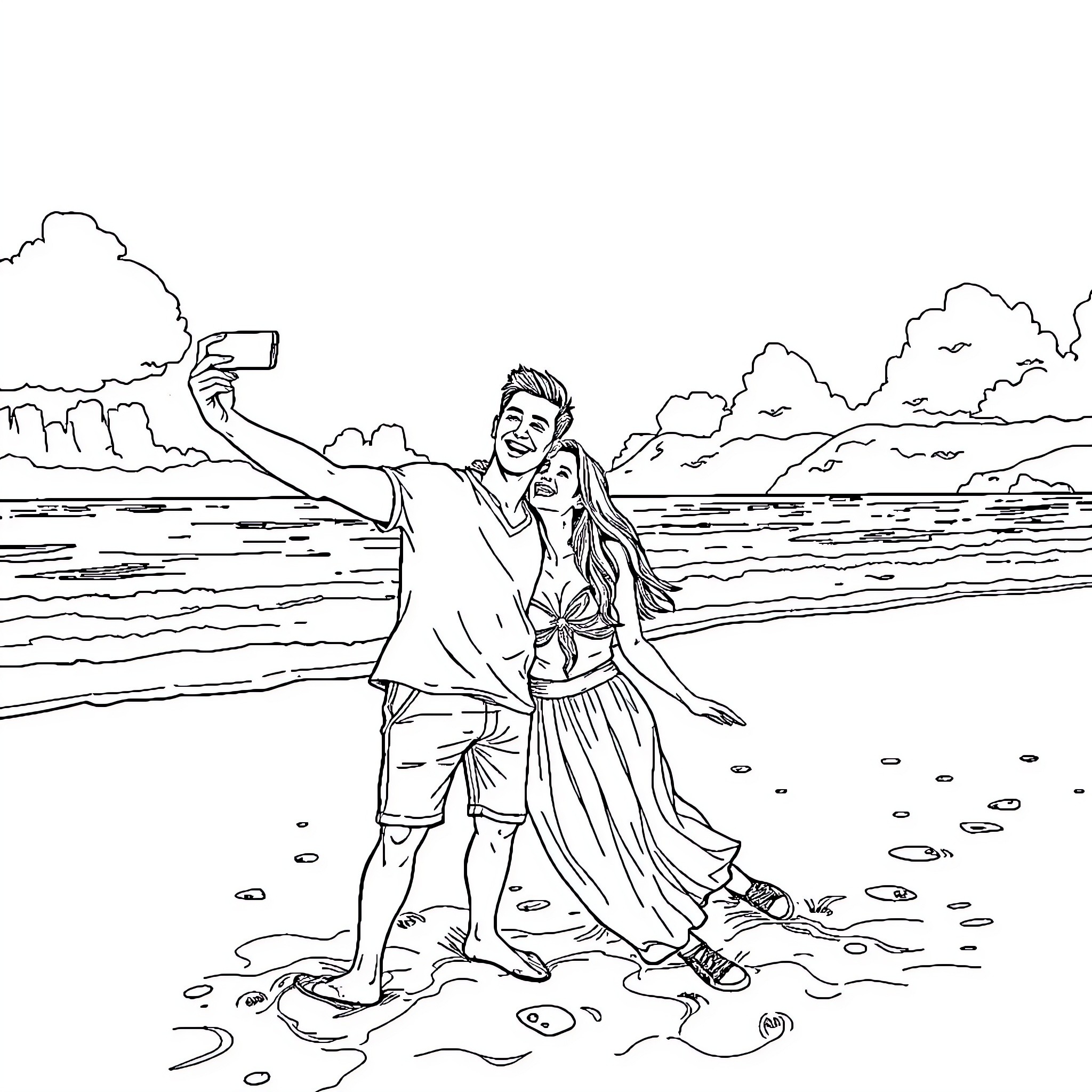 Couple taking a selfie on the beach Coloring Page (free black-and-white line drawing printable PDF for all, from beginners to advanced learners, including children, teens, adults, and seniors)