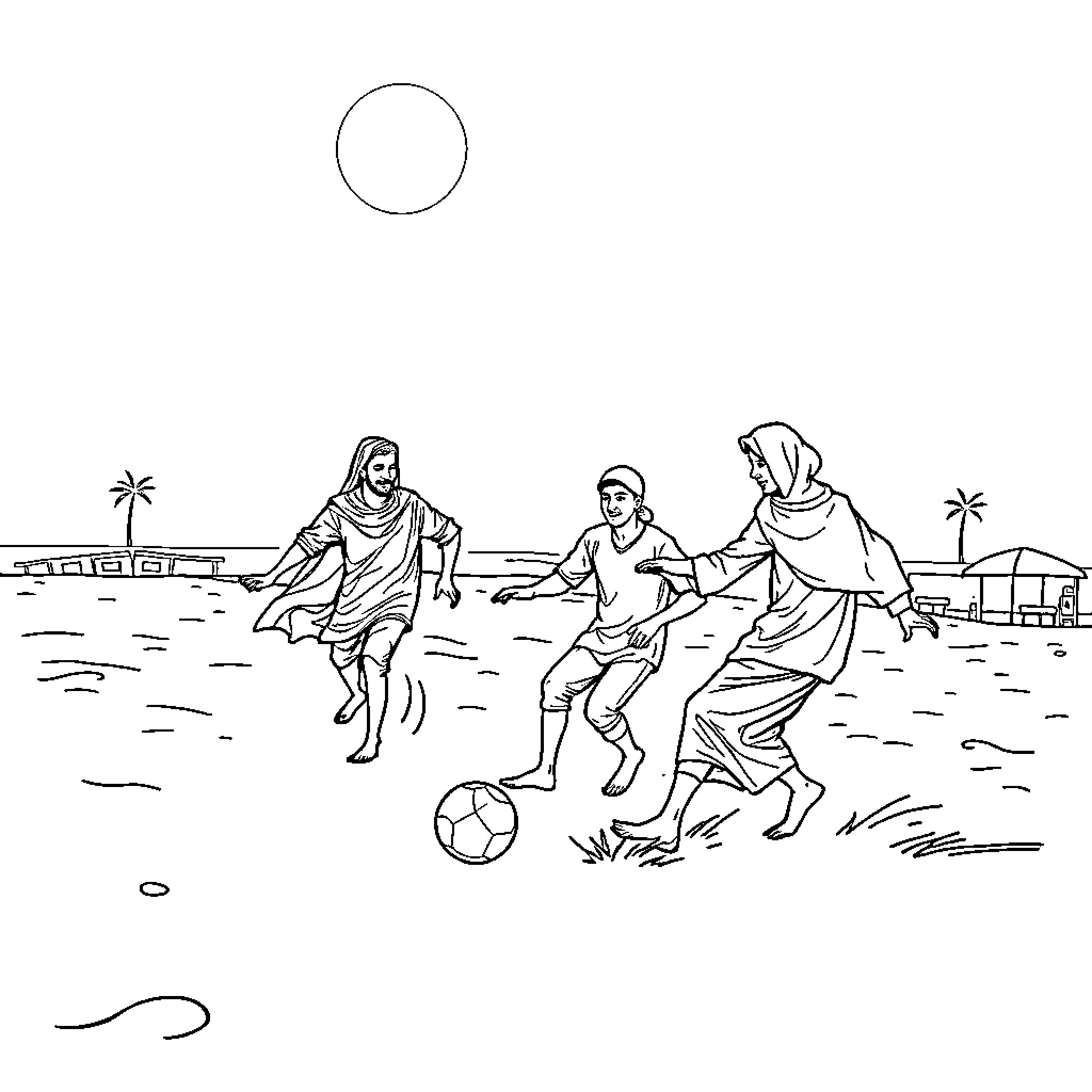 Muslims playing football in peaceful countryside Coloring Page (free black-and-white line drawing printable PDF for all, from beginners to advanced learners, including children, teens, adults, and seniors)