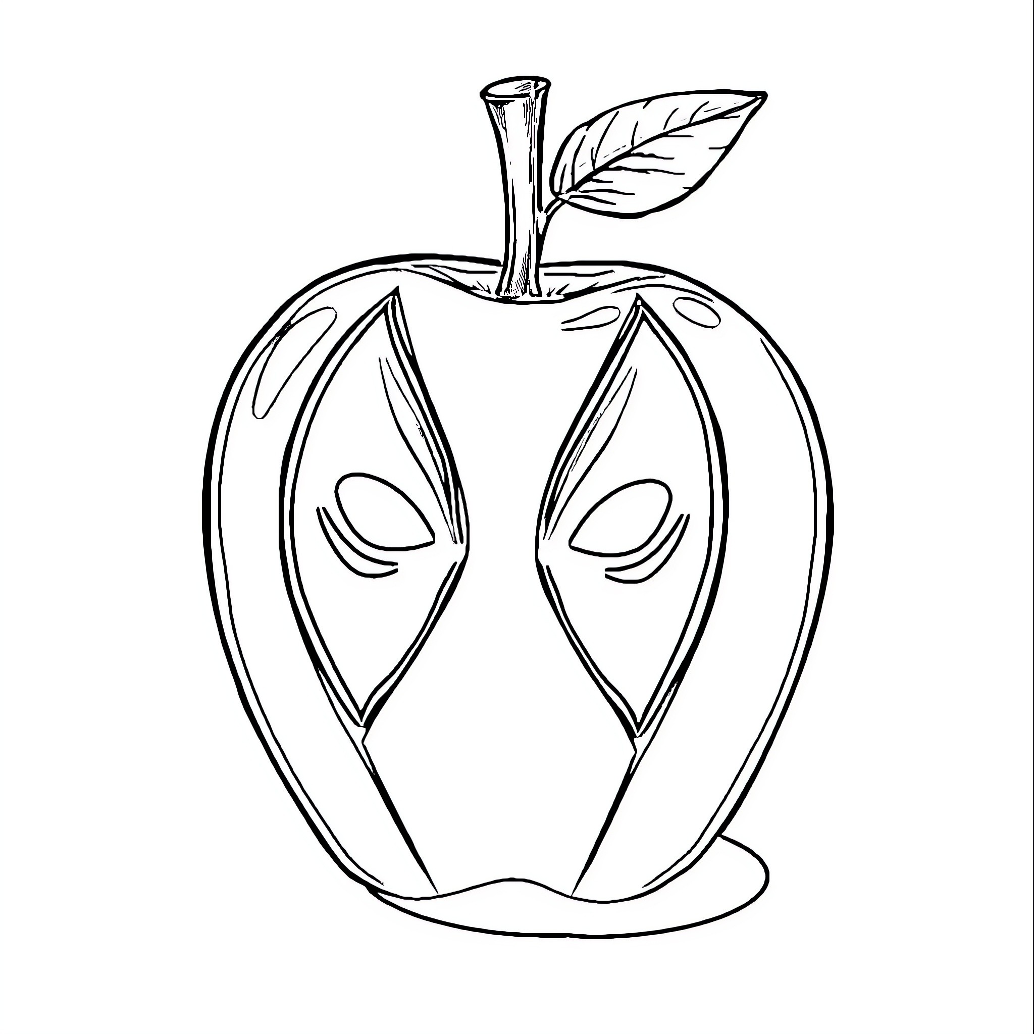 Deadpool-inspired comical apple character Coloring Page (free black-and-white line drawing printable PDF for all, from beginners to advanced learners, including children, teens, adults, and seniors)