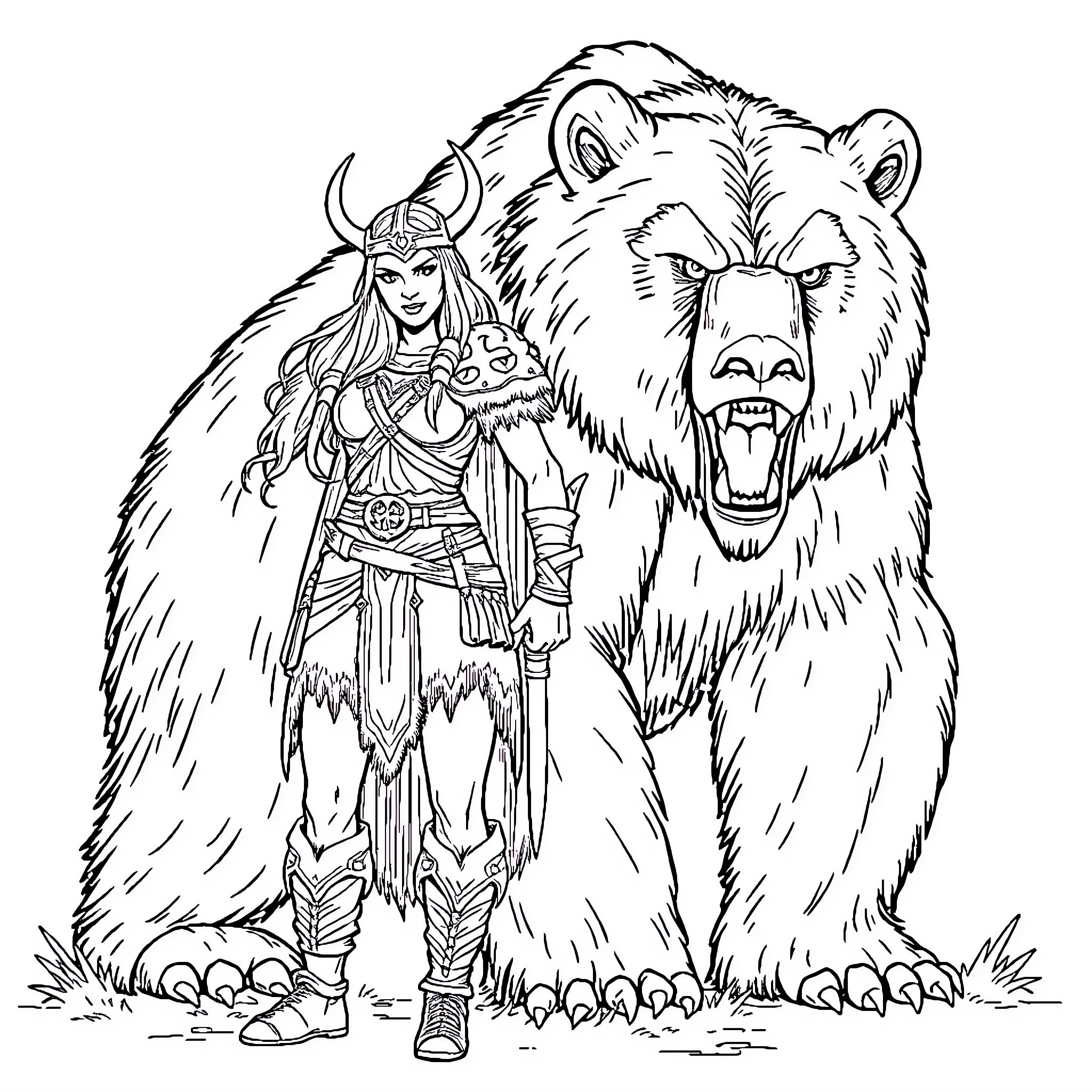 Viking Woman and Her Fierce Bear Companion Coloring Page (free black-and-white line drawing printable PDF for all, from beginners to advanced learners, including children, teens, adults, and seniors)