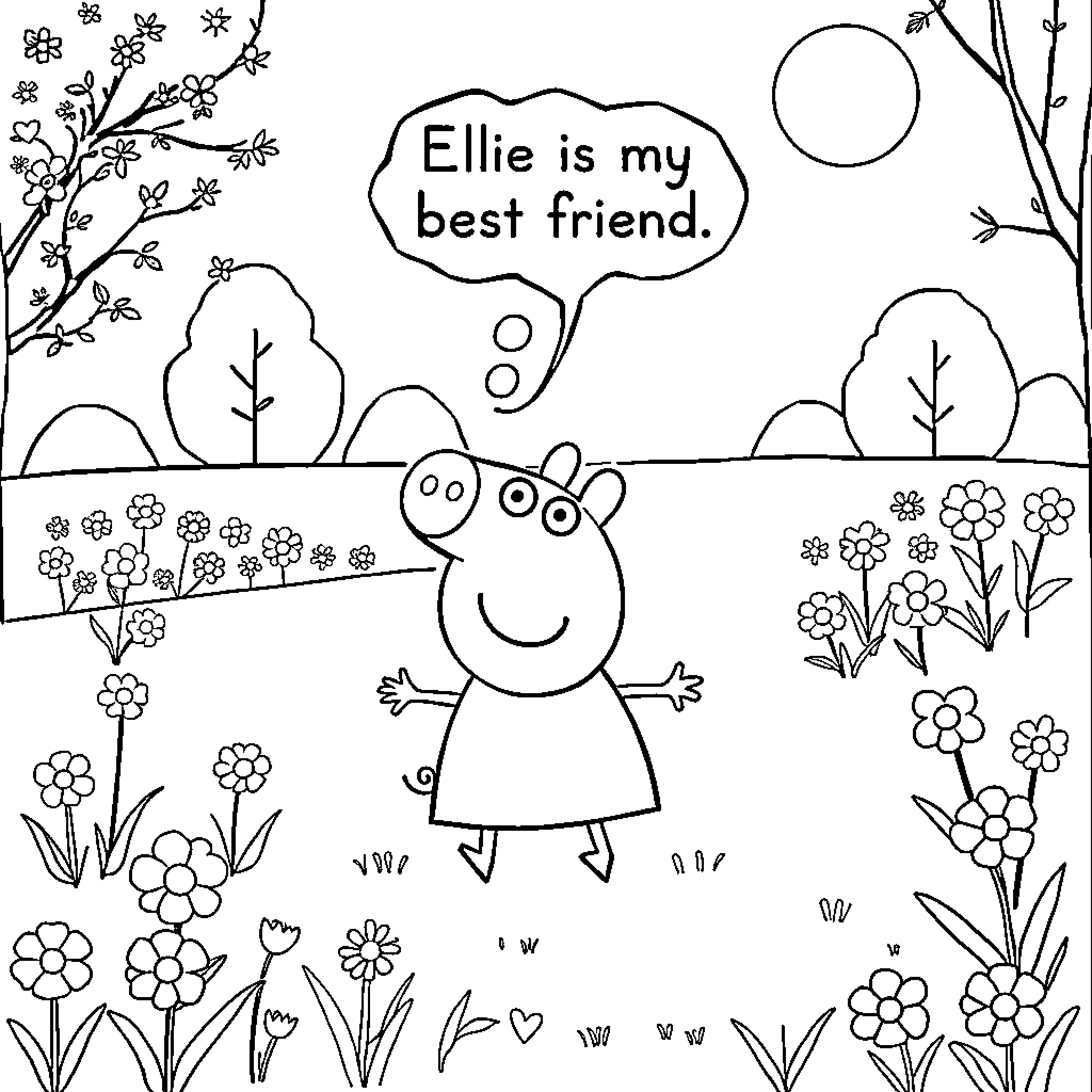 Peppa Pig enjoys nature with her best friend Coloring Page (free black-and-white line drawing printable PDF for all, from beginners to advanced learners, including children, teens, adults, and seniors)