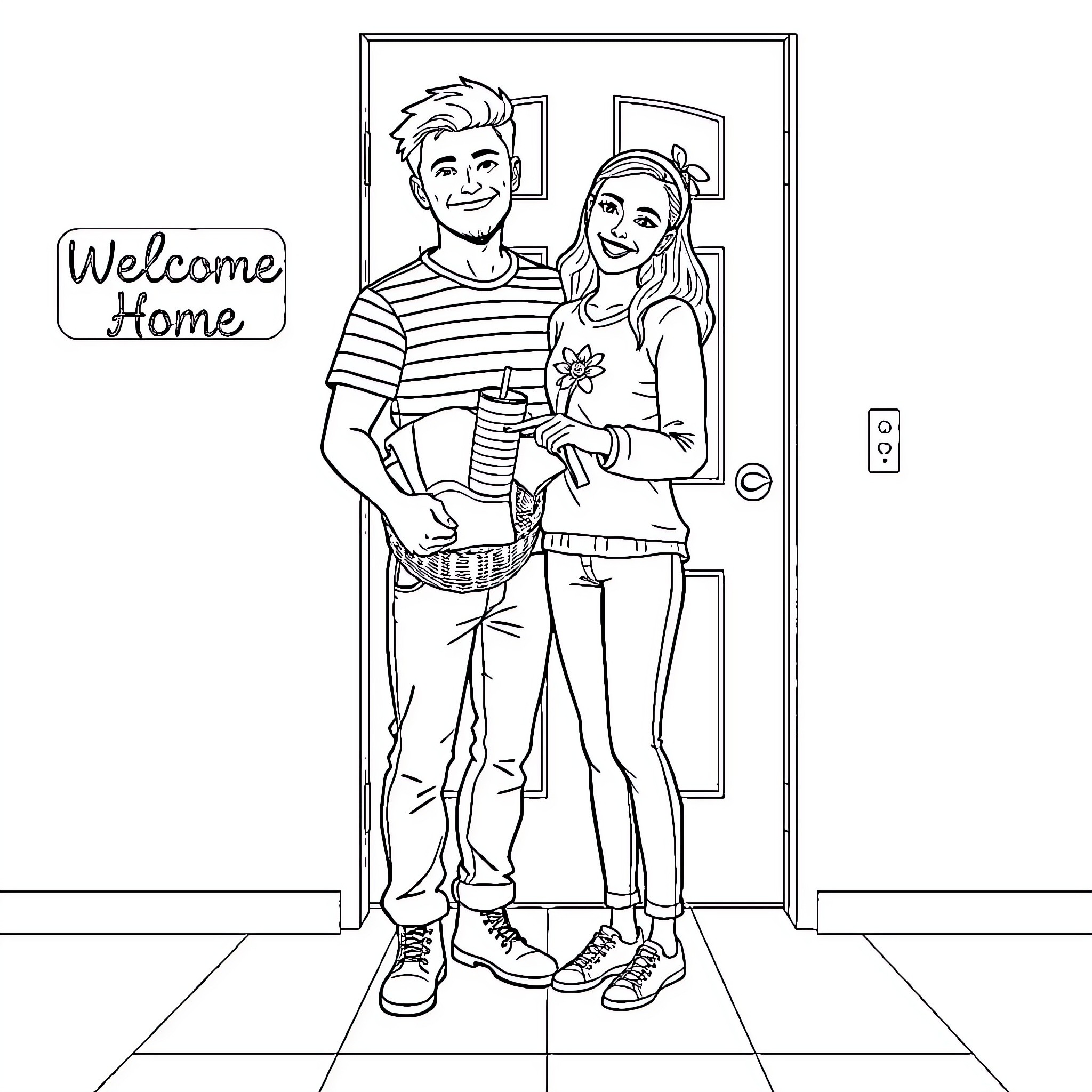 Couple Greeting Guests at Front Door Coloring Page (free black-and-white line drawing printable PDF for all, from beginners to advanced learners, including children, teens, adults, and seniors)