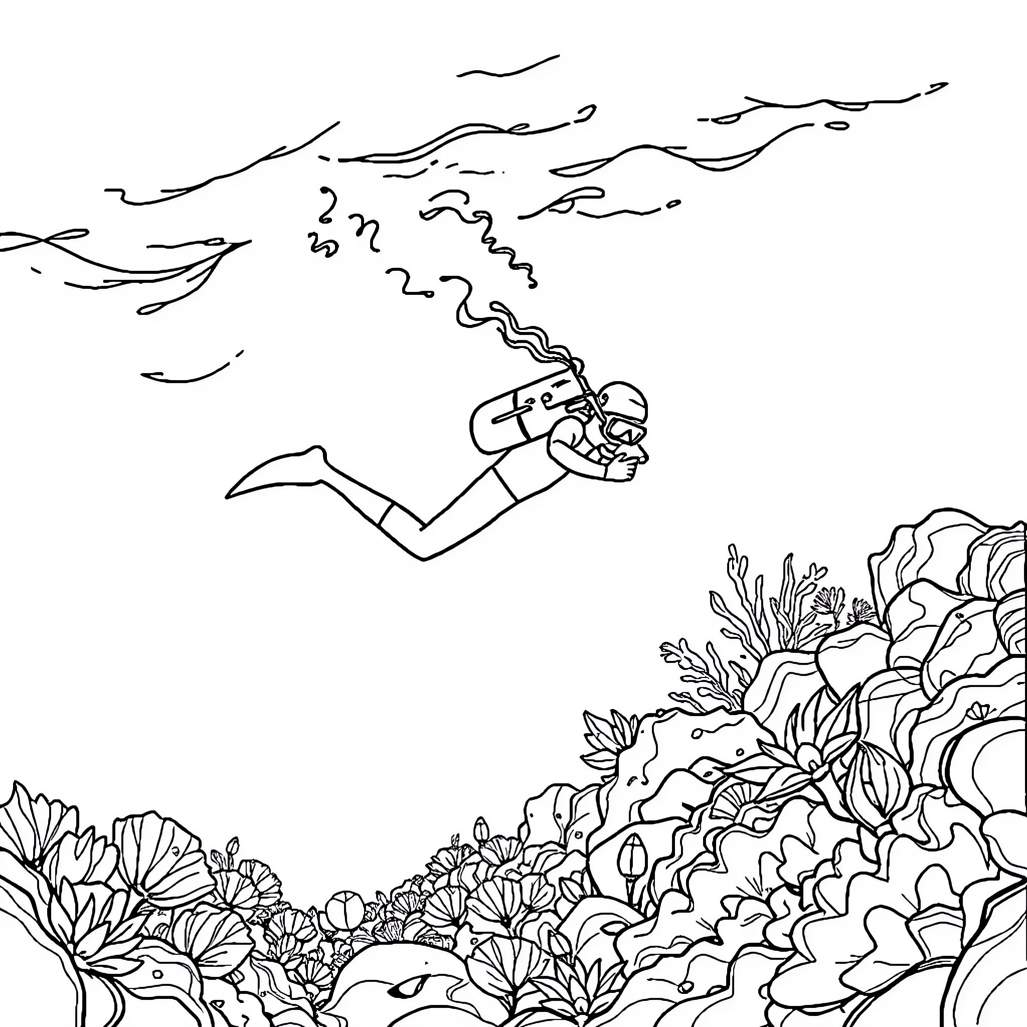 God's gift to explore the underwater world Coloring Page (free black-and-white line drawing printable PDF for all, from beginners to advanced learners, including children, teens, adults, and seniors)