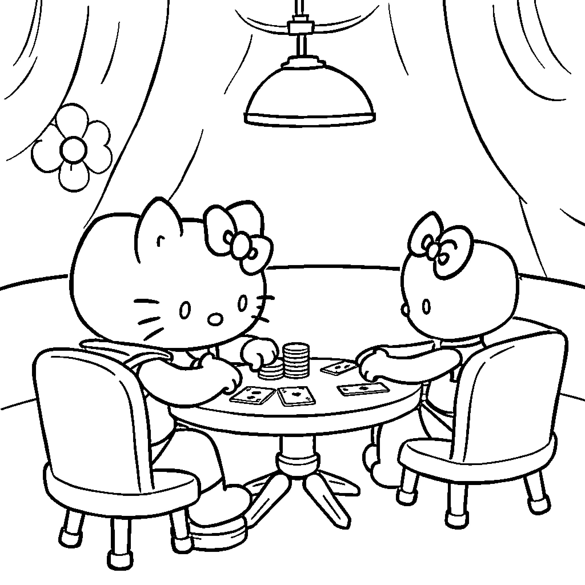Hello Kitty playing cards with friends at home Coloring Page (free black-and-white line drawing printable PDF for all, from beginners to advanced learners, including children, teens, adults, and seniors)