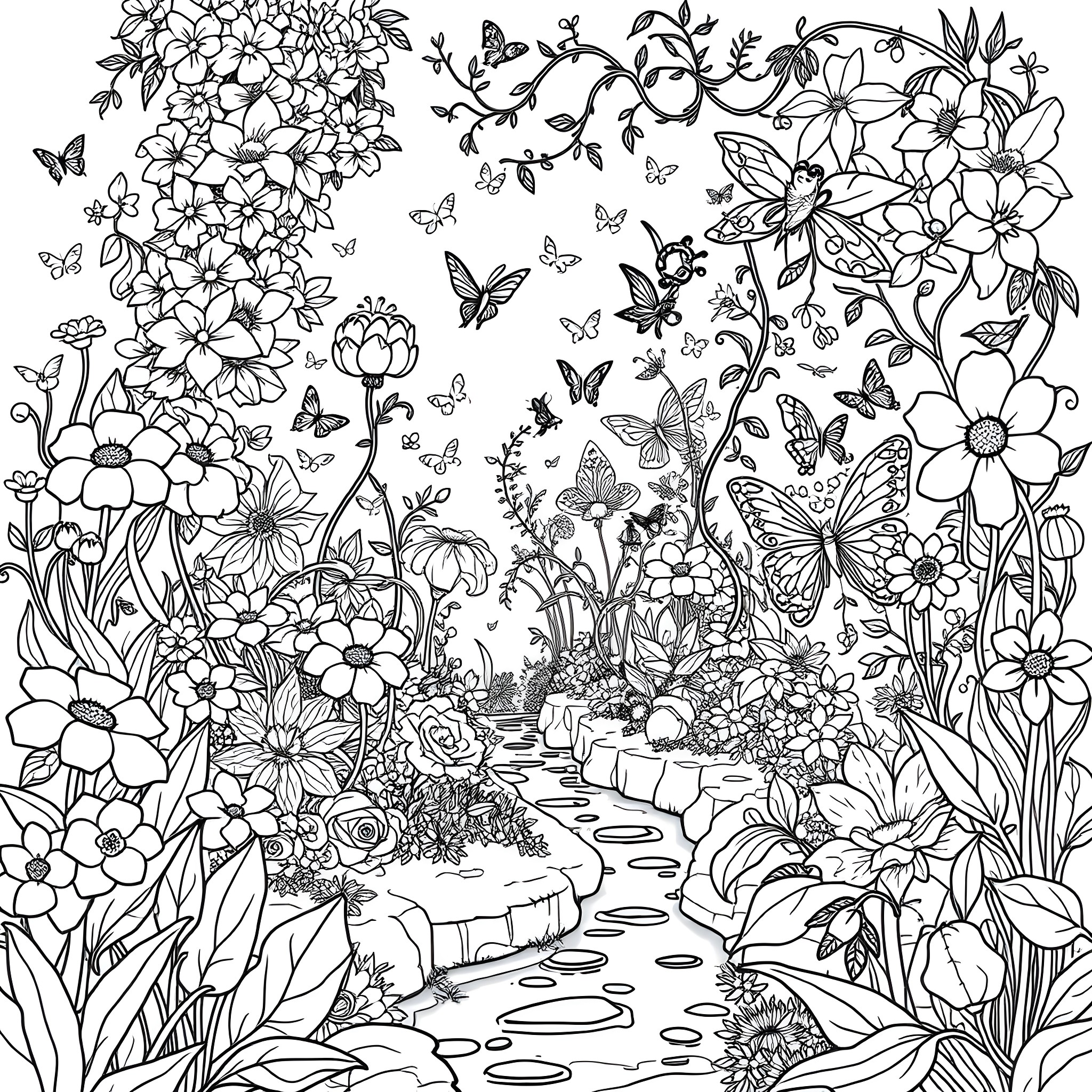 Fairy Garden with Blooming Flowers and Butterflies Coloring Page (free black-and-white line drawing printable PDF for all, from beginners to advanced learners, including children, teens, adults, and seniors)