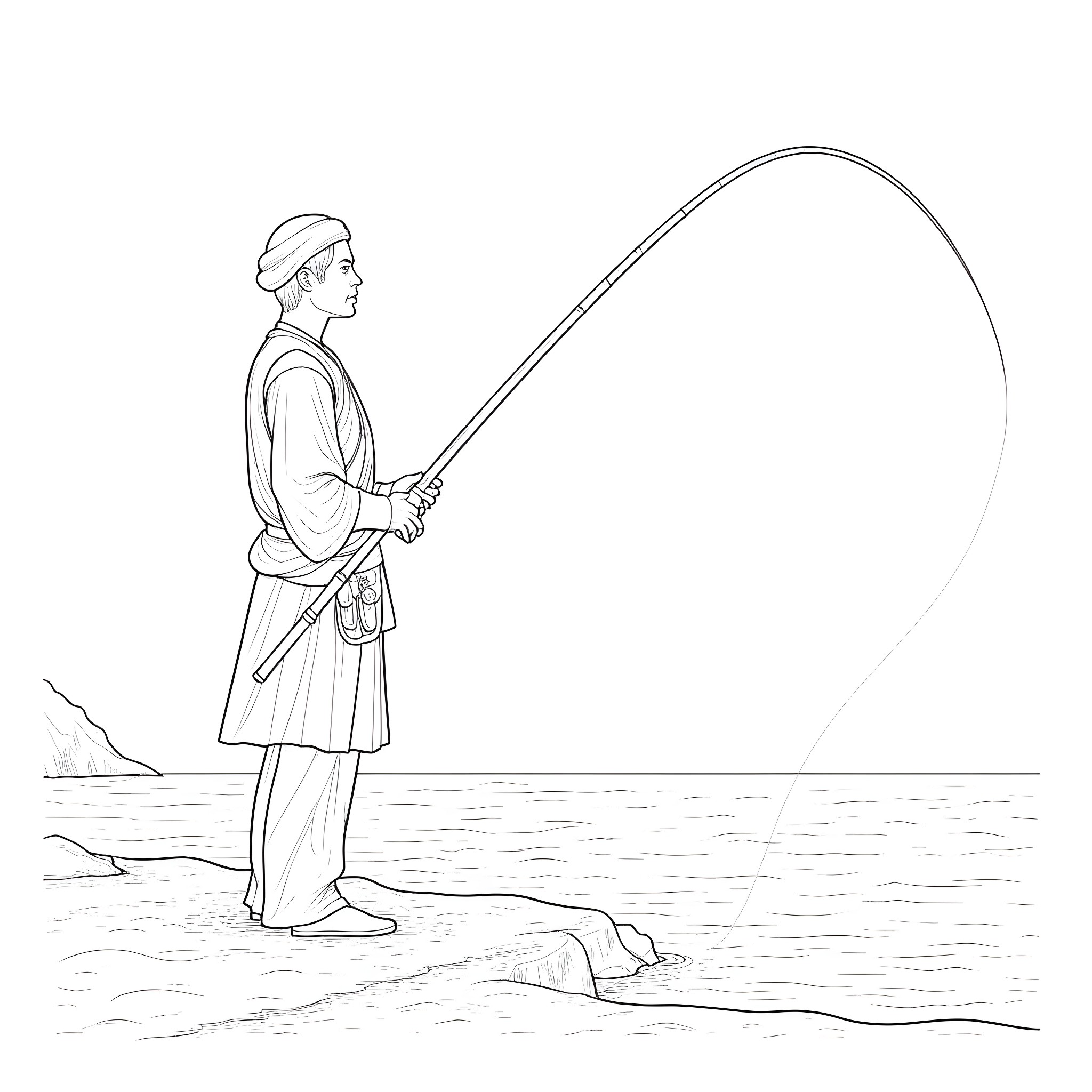 Soldier Fishing Peacefully by the River Coloring Page (free black-and-white line drawing printable PDF for all, from beginners to advanced learners, including children, teens, adults, and seniors)