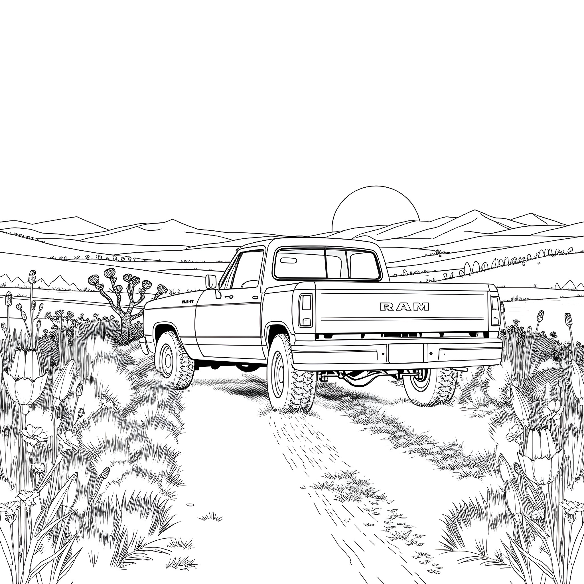 Ram pickup truck traversing rugged mountain landscape Coloring Page (free black-and-white line drawing printable PDF for all, from beginners to advanced learners, including children, teens, adults, and seniors)