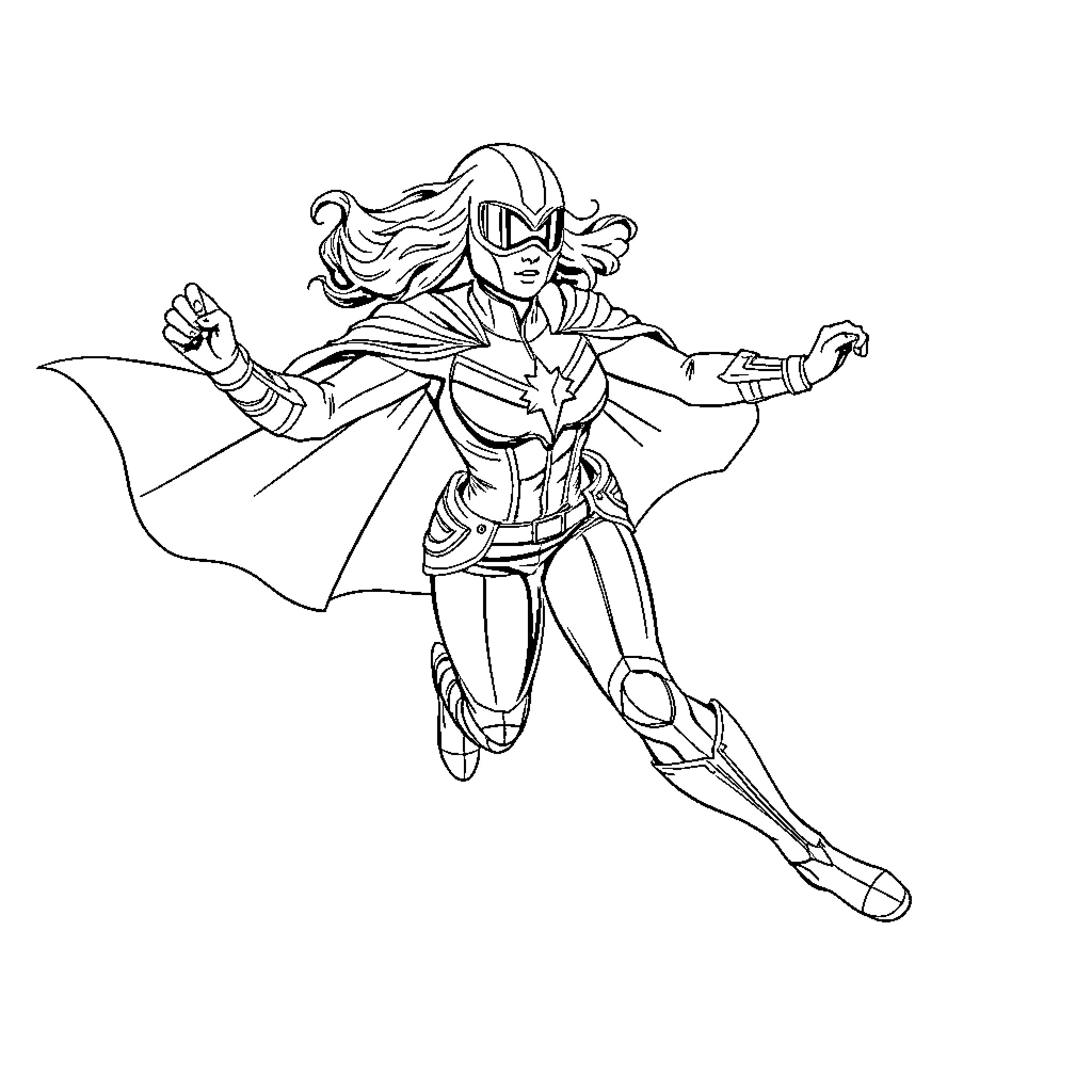 Captain Marvel in action pose with superhero outfit Coloring Page (free black-and-white line drawing printable PDF for all, from beginners to advanced learners, including children, teens, adults, and seniors)