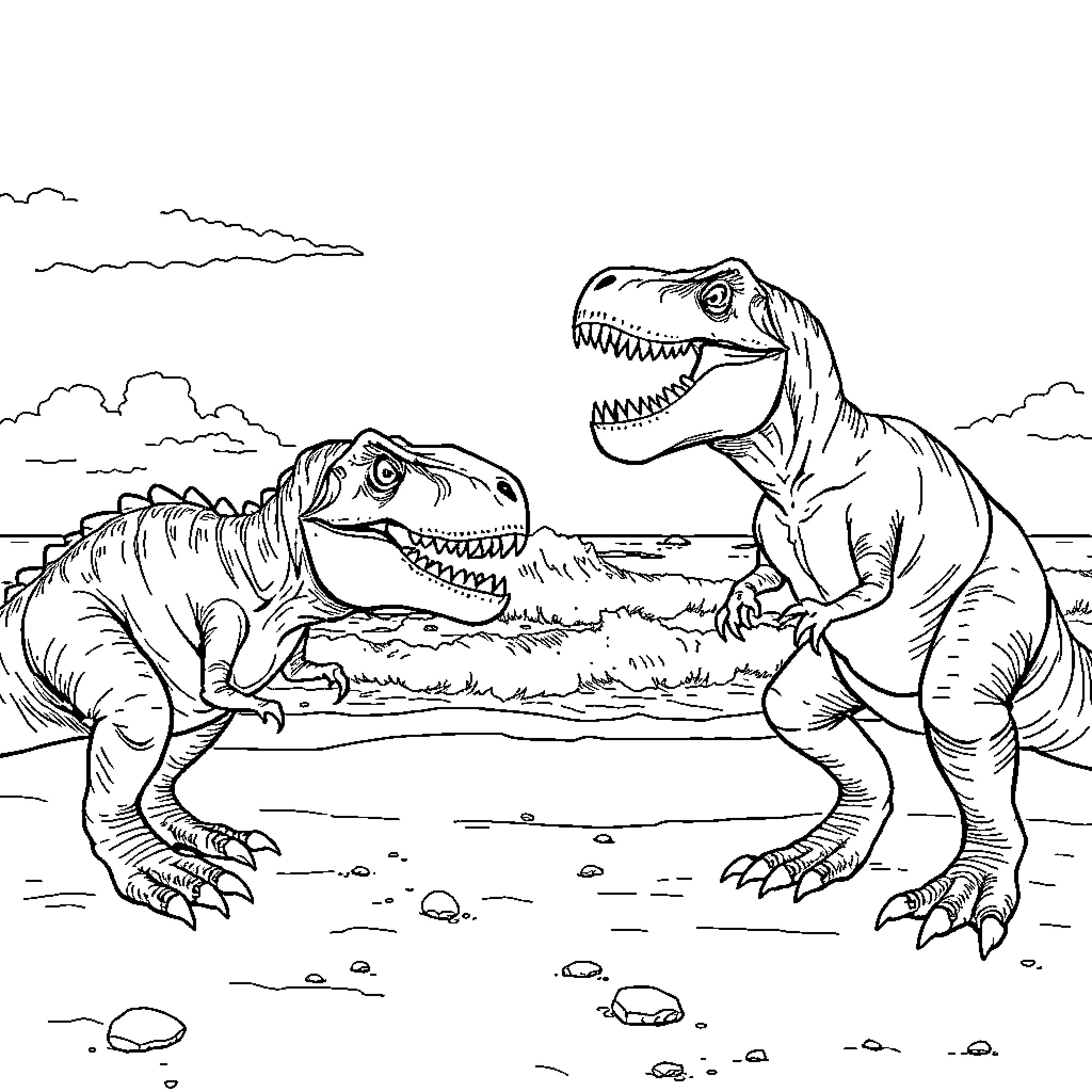 Dinosaurs roaming in prehistoric landscape Coloring Page (free black-and-white line drawing printable PDF for all, from beginners to advanced learners, including children, teens, adults, and seniors)