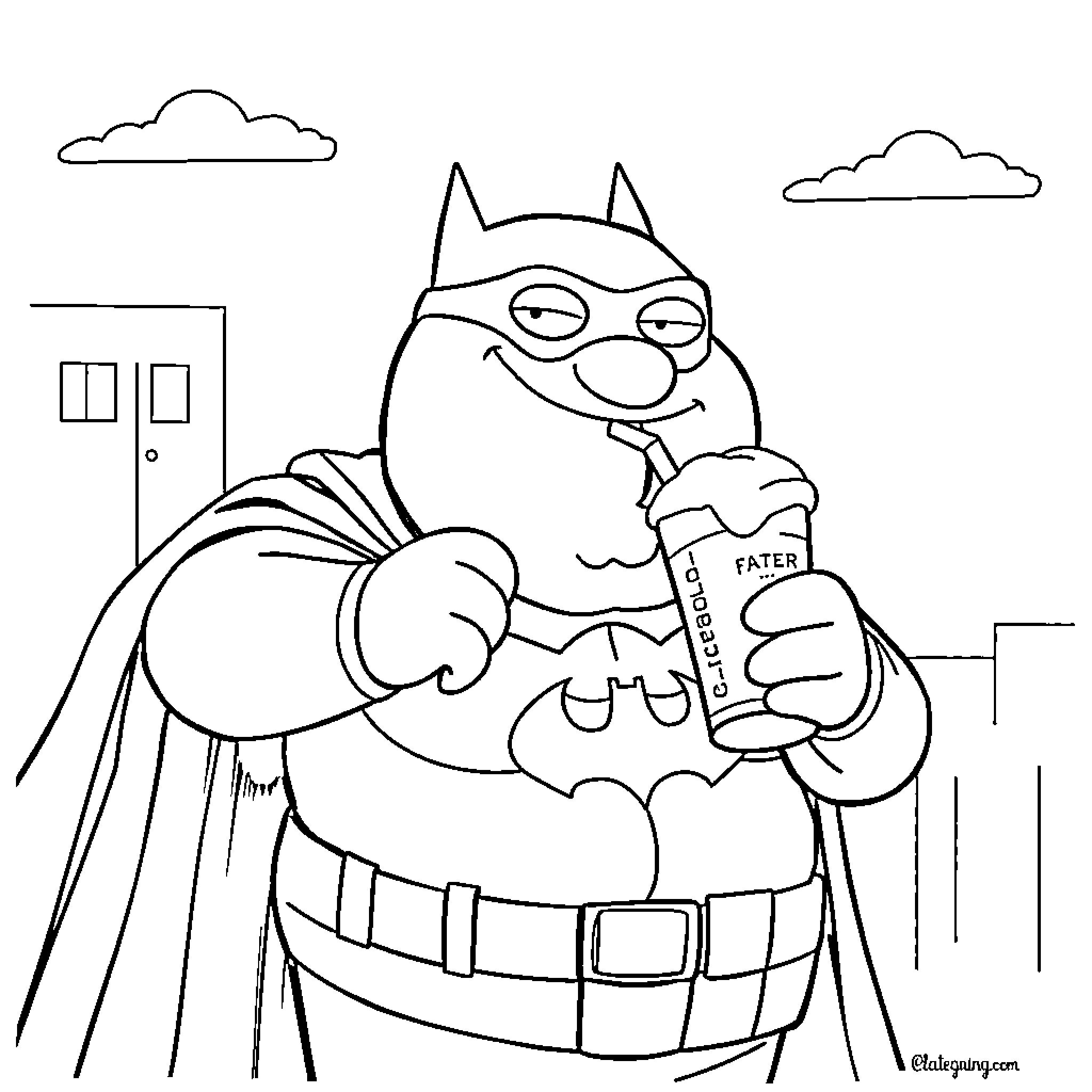 Peter Griffin as the Caped Crusader in Gotham City Coloring Page (free black-and-white line drawing printable PDF for all, from beginners to advanced learners, including children, teens, adults, and seniors)