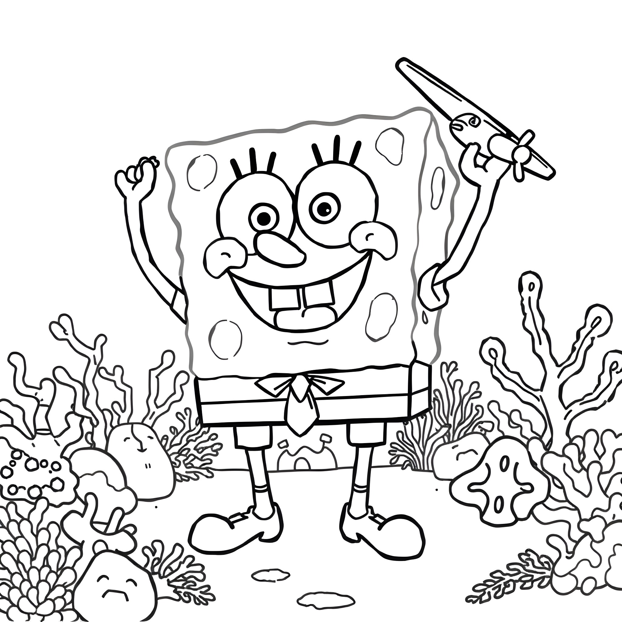 Spongebob enjoying a fun underwater adventure Coloring Page (free black-and-white line drawing printable PDF for all, from beginners to advanced learners, including children, teens, adults, and seniors)