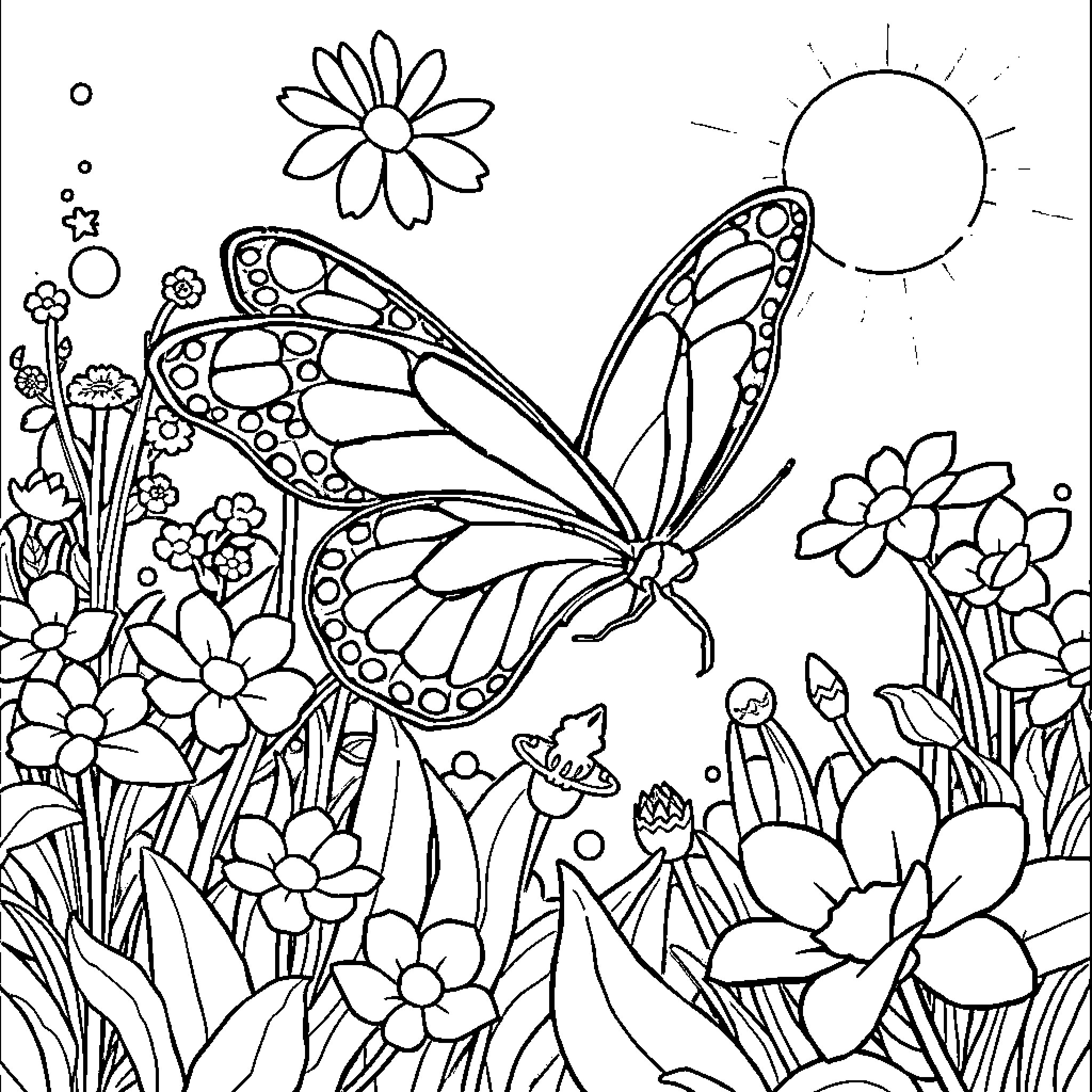 Butterfly in a Floral Garden Coloring Page (free black-and-white line drawing printable PDF for all, from beginners to advanced learners, including children, teens, adults, and seniors)