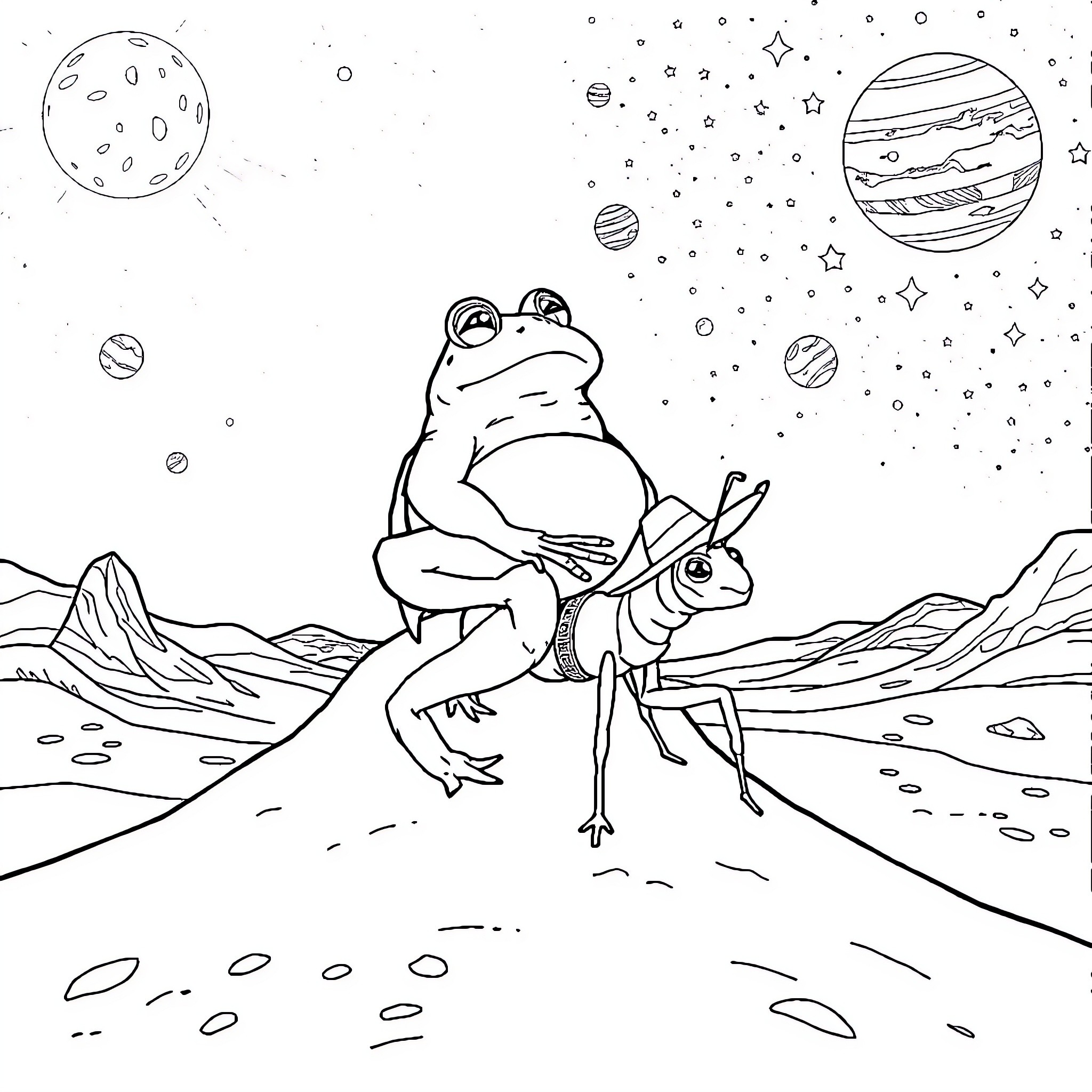 Toad riding a grasshopper in the cosmos Coloring Page (free black-and-white line drawing printable PDF for all, from beginners to advanced learners, including children, teens, adults, and seniors)
