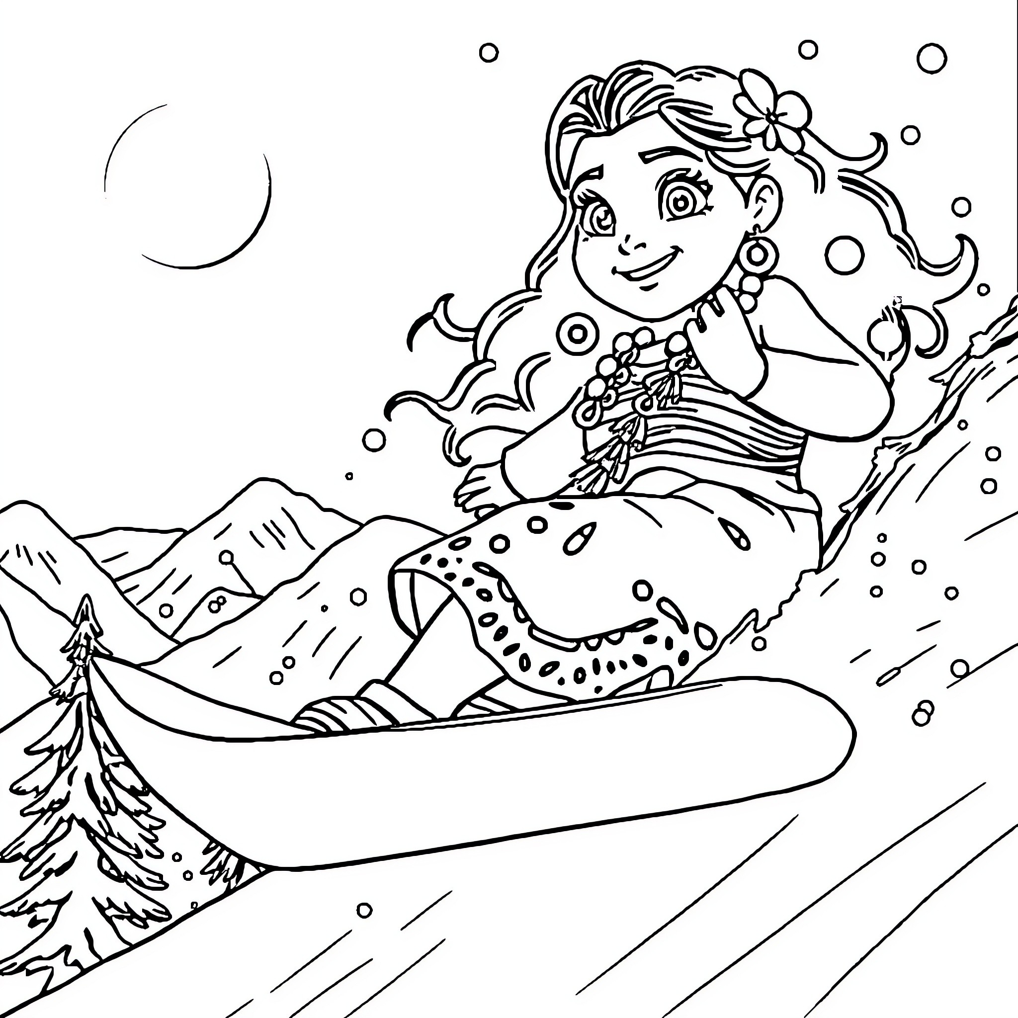 Moana surfing on waves with marine life Coloring Page (free black-and-white line drawing printable PDF for all, from beginners to advanced learners, including children, teens, adults, and seniors)