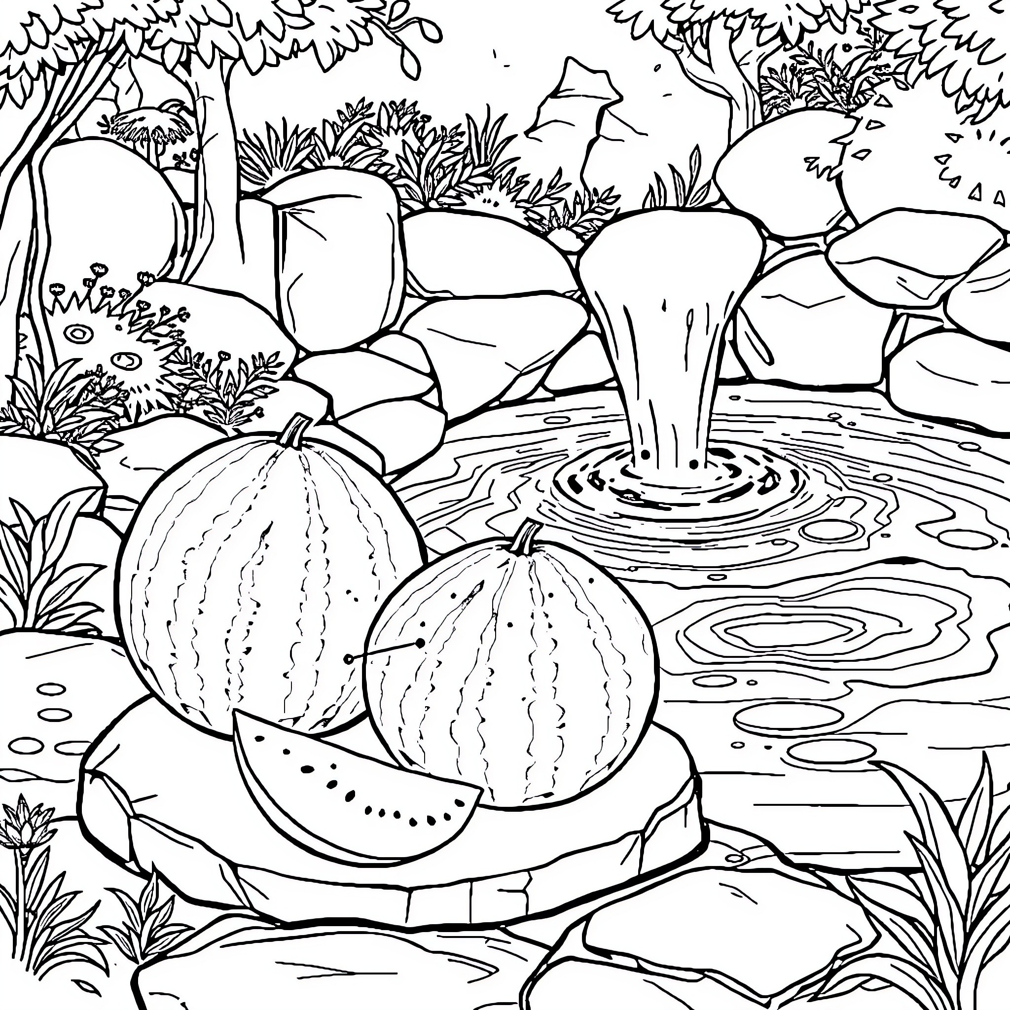 Watermelon Oasis in the Lush Forest Coloring Page (free black-and-white line drawing printable PDF for all, from beginners to advanced learners, including children, teens, adults, and seniors)