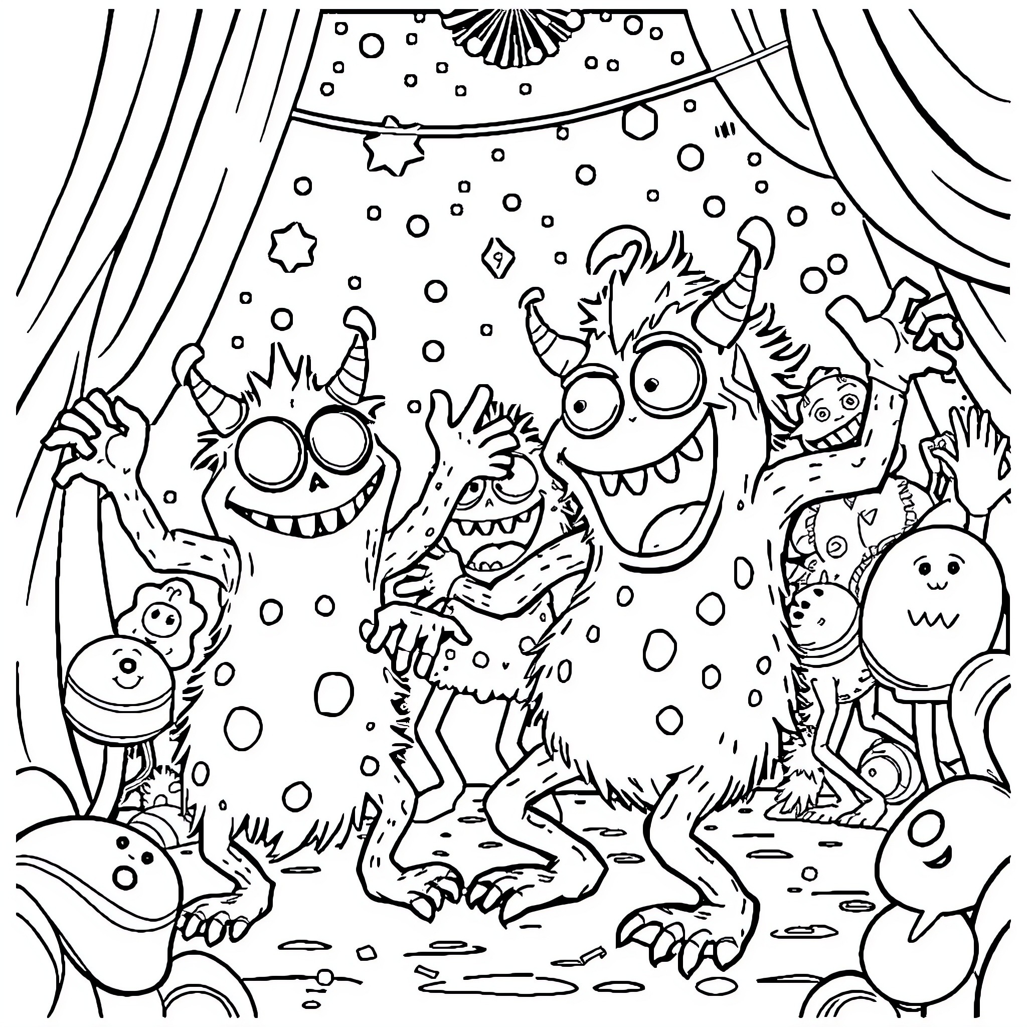 Monster party with strange creatures and whimsical details Coloring Page (free black-and-white line drawing printable PDF for all, from beginners to advanced learners, including children, teens, adults, and seniors)