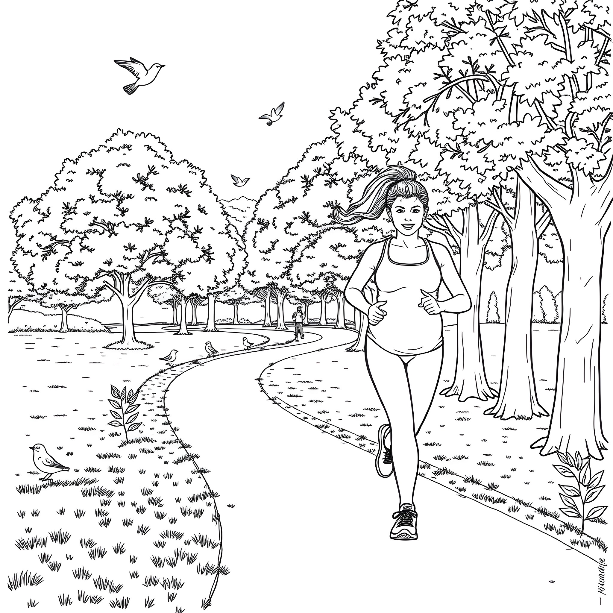 Woman jogging on a peaceful nature trail Coloring Page (free black-and-white line drawing printable PDF for all, from beginners to advanced learners, including children, teens, adults, and seniors)