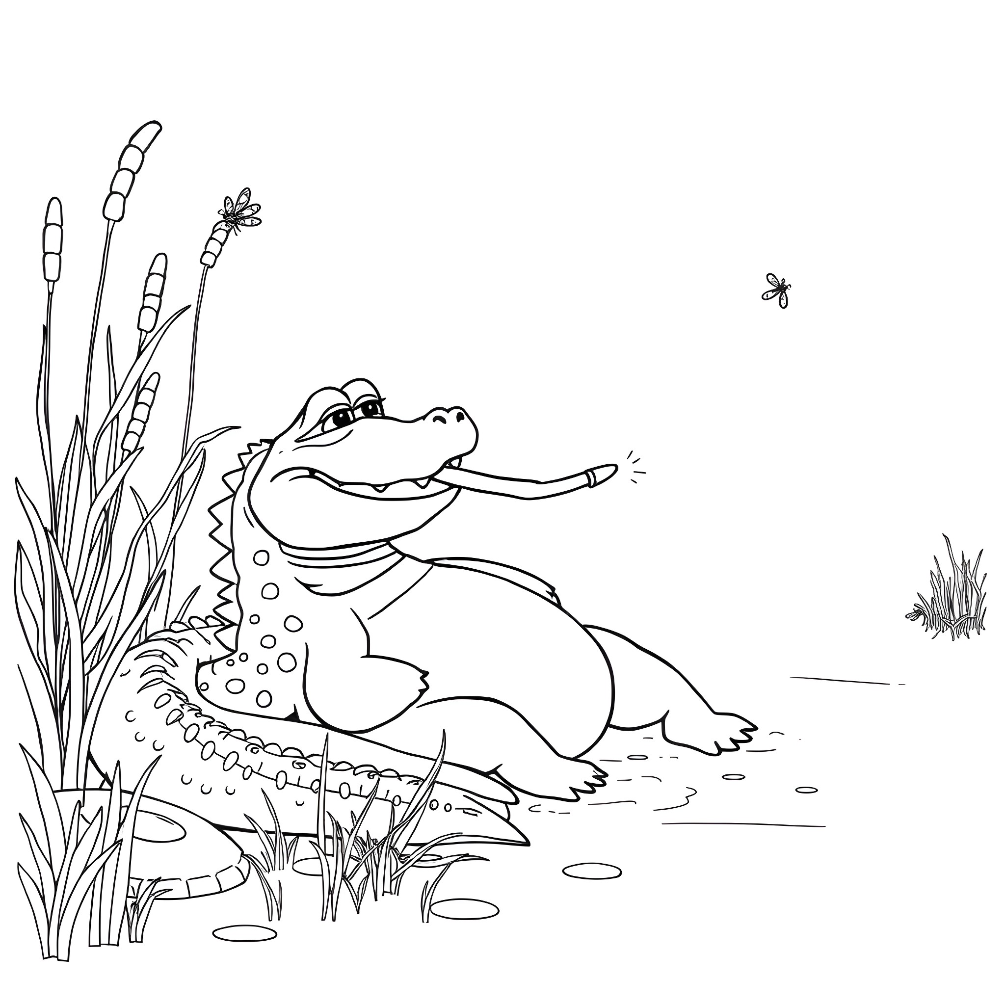 Alligator lounging in the swamp Coloring Page (free black-and-white line drawing printable PDF for all, from beginners to advanced learners, including children, teens, adults, and seniors)