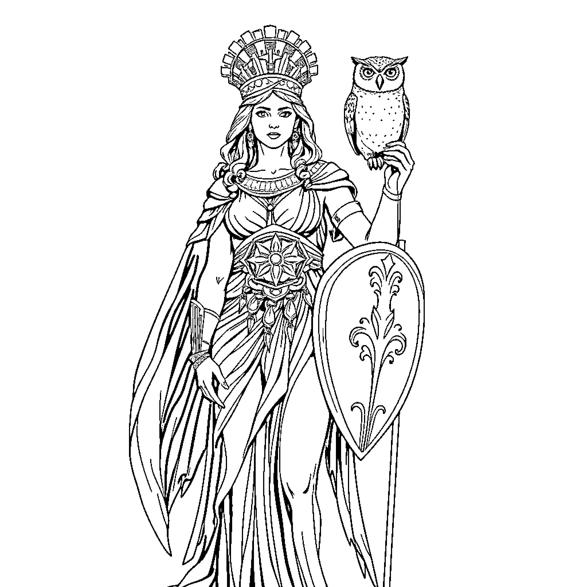 Athena the Wise Goddess with Owl Companion Coloring Page (free black-and-white line drawing printable PDF for all, from beginners to advanced learners, including children, teens, adults, and seniors)