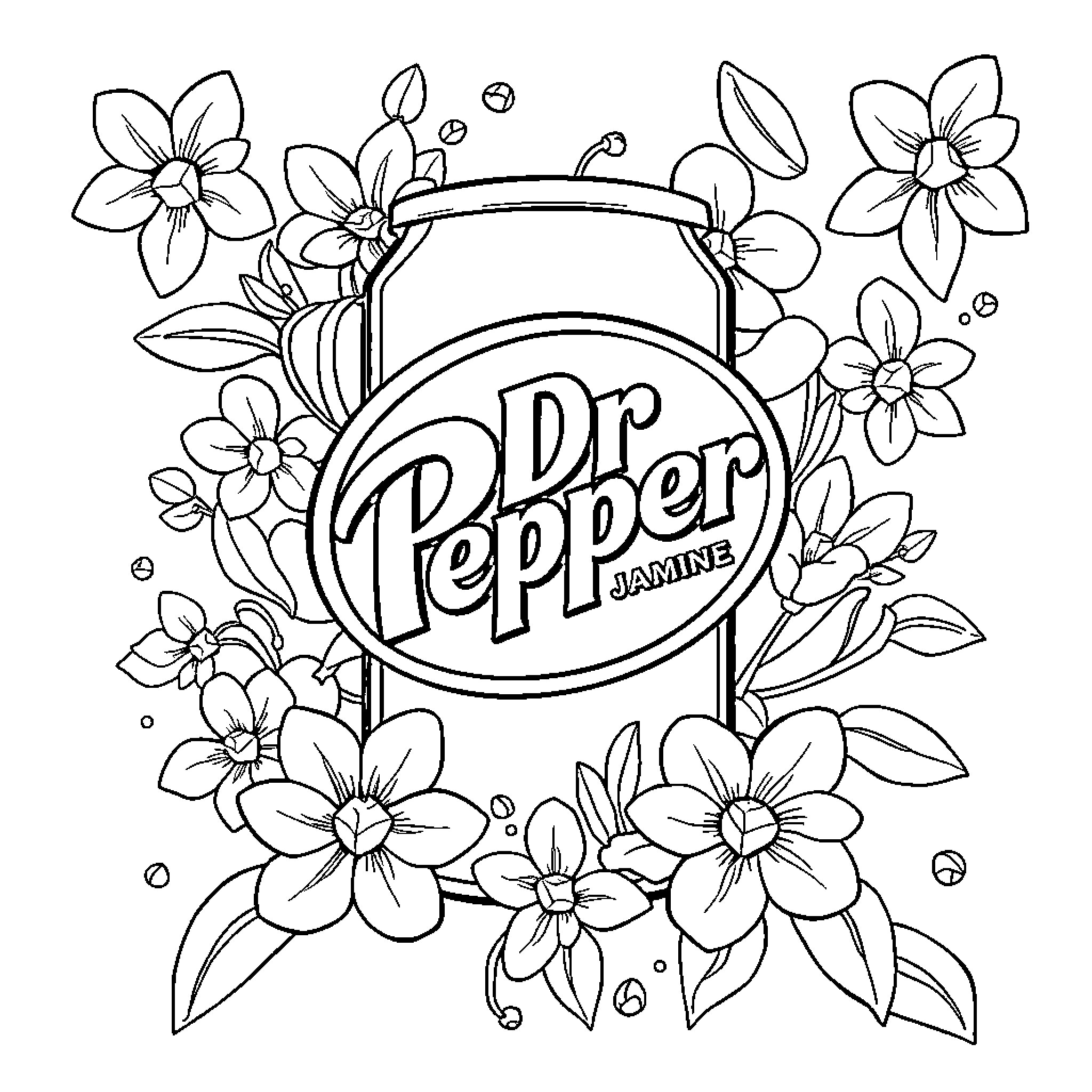 Jasmine enjoying Dr Pepper amidst floral surroundings Coloring Page (free black-and-white line drawing printable PDF for all, from beginners to advanced learners, including children, teens, adults, and seniors)