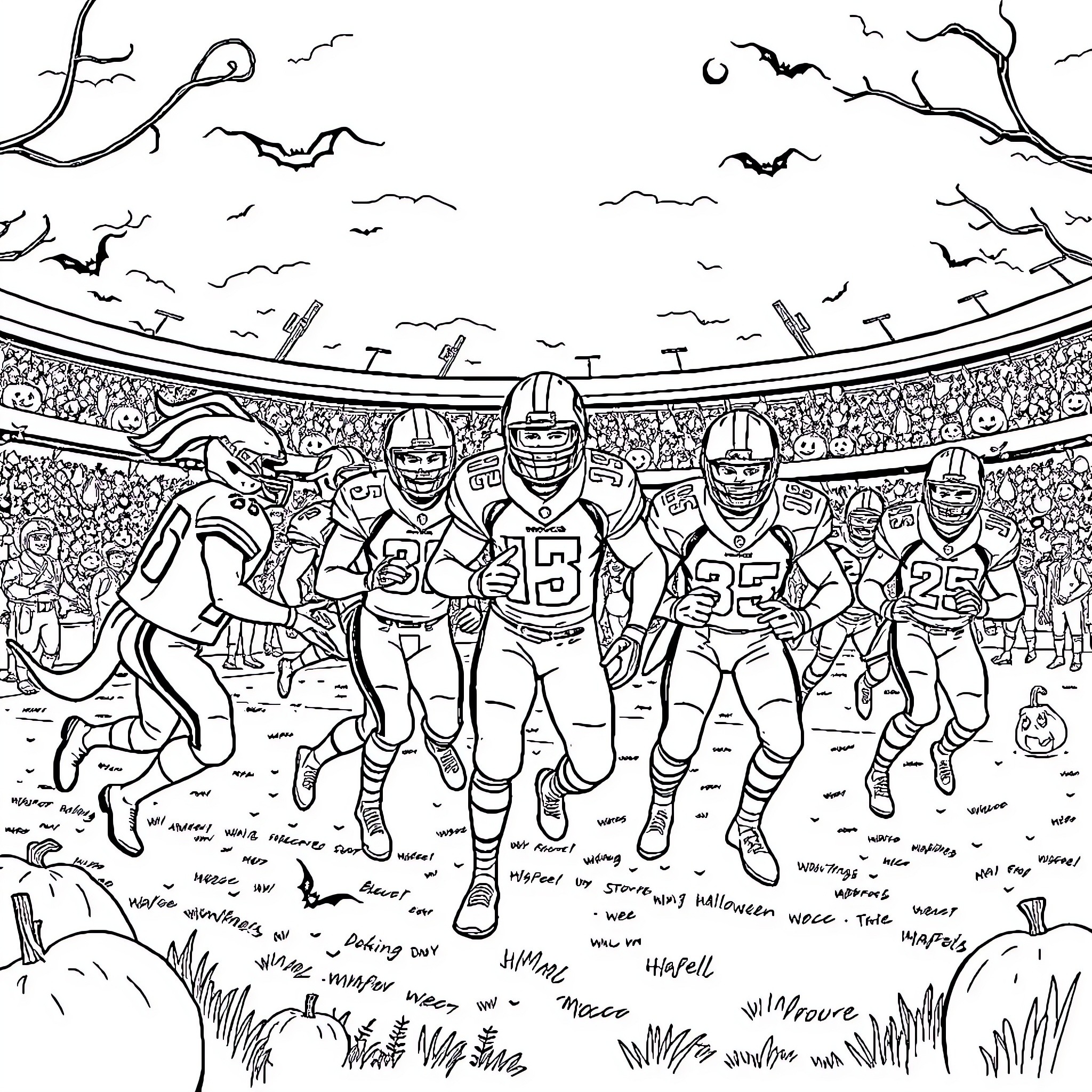 Broncos players in an intense football game Coloring Page (free black-and-white line drawing printable PDF for all, from beginners to advanced learners, including children, teens, adults, and seniors)