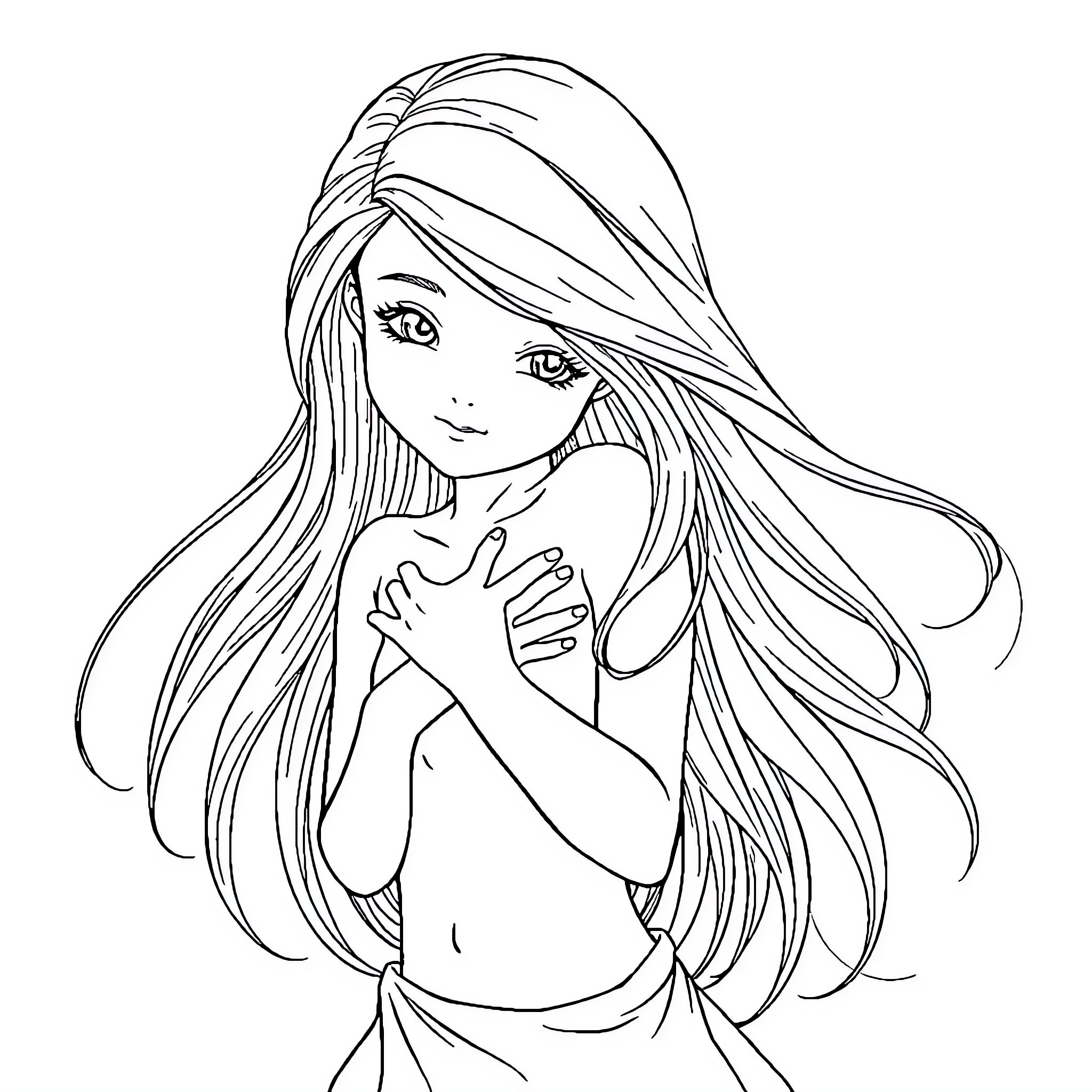 Girl with long flowing hair and thoughtful expression Coloring Page (free black-and-white line drawing printable PDF for all, from beginners to advanced learners, including children, teens, adults, and seniors)