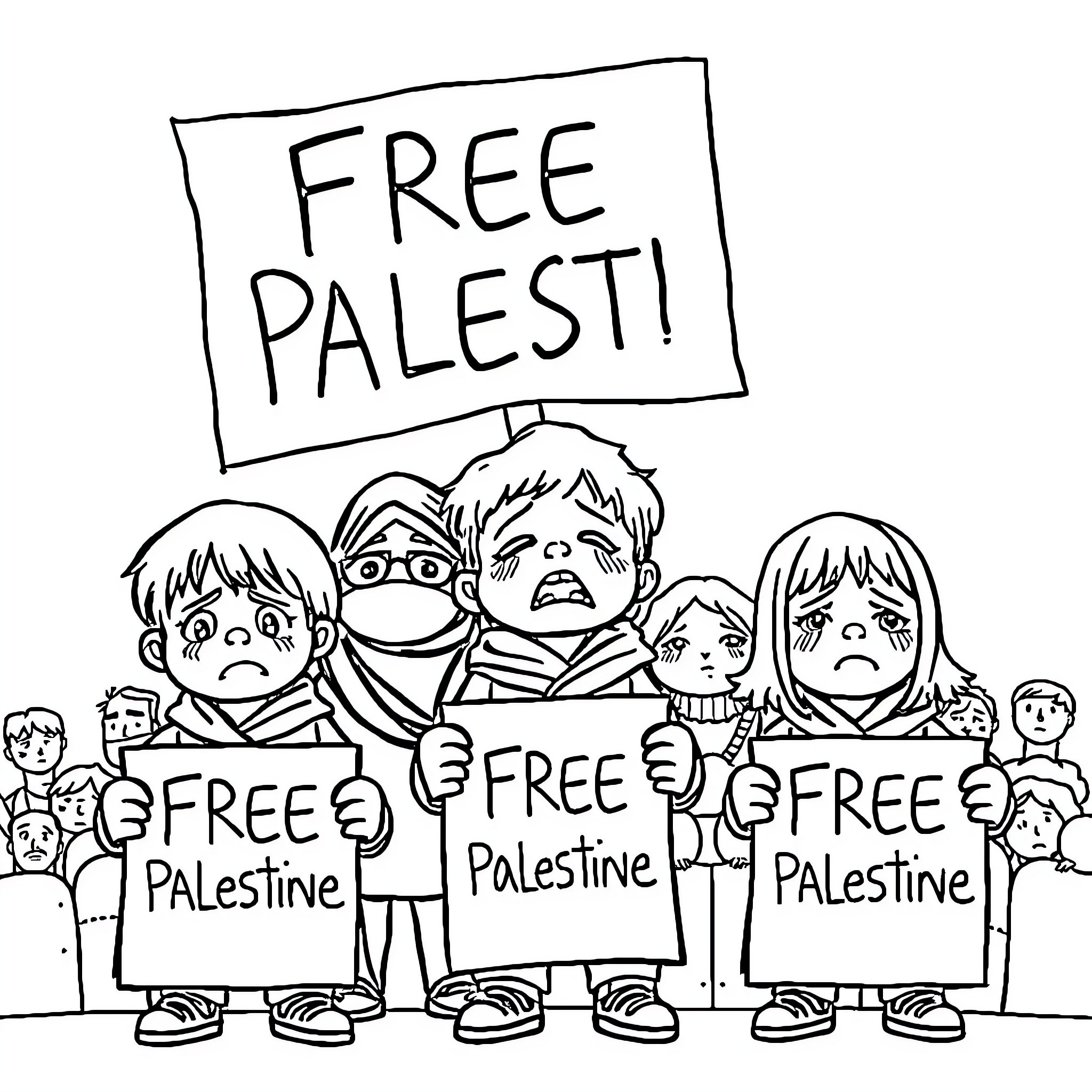 Kid protesters advocating for free Palestine Coloring Page (free black-and-white line drawing printable PDF for all, from beginners to advanced learners, including children, teens, adults, and seniors)