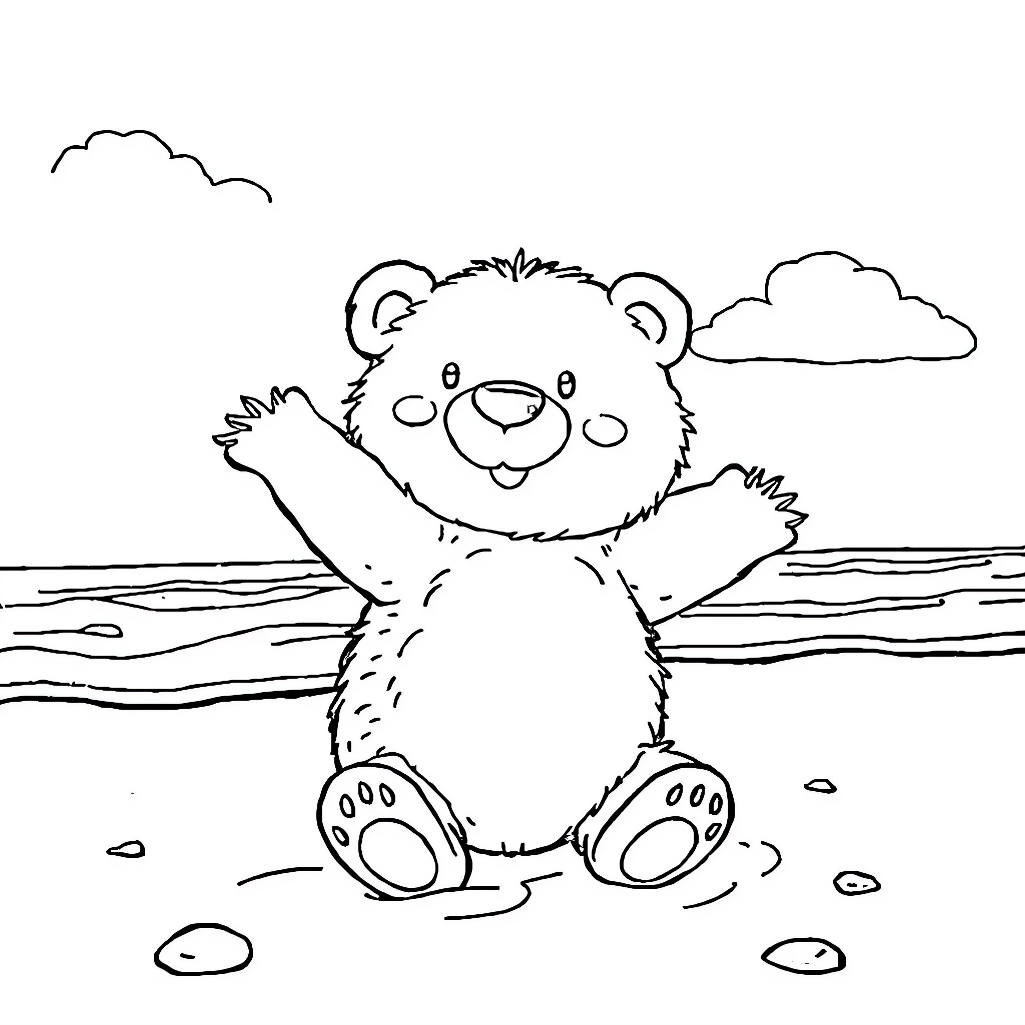 Brown Bear Sitting by the Lakeside Coloring Page (free black-and-white line drawing printable PDF for all, from beginners to advanced learners, including children, teens, adults, and seniors)
