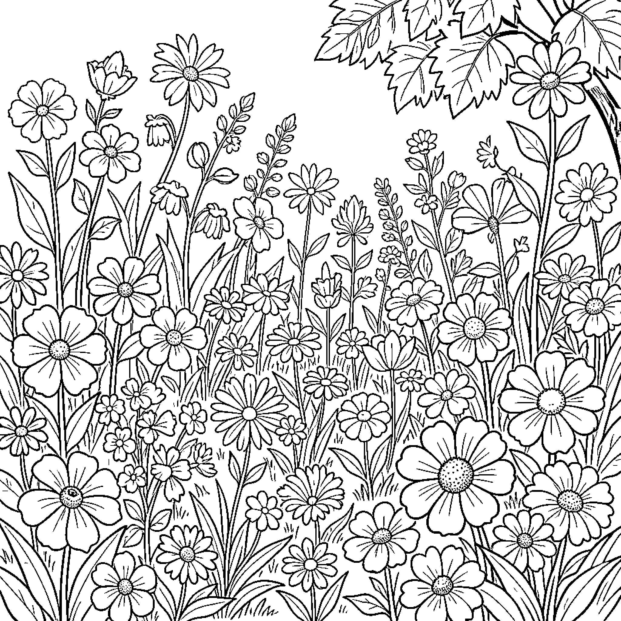 Flower Garden Blooming with Vibrant Flowers Coloring Page (free black-and-white line drawing printable PDF for all, from beginners to advanced learners, including children, teens, adults, and seniors)