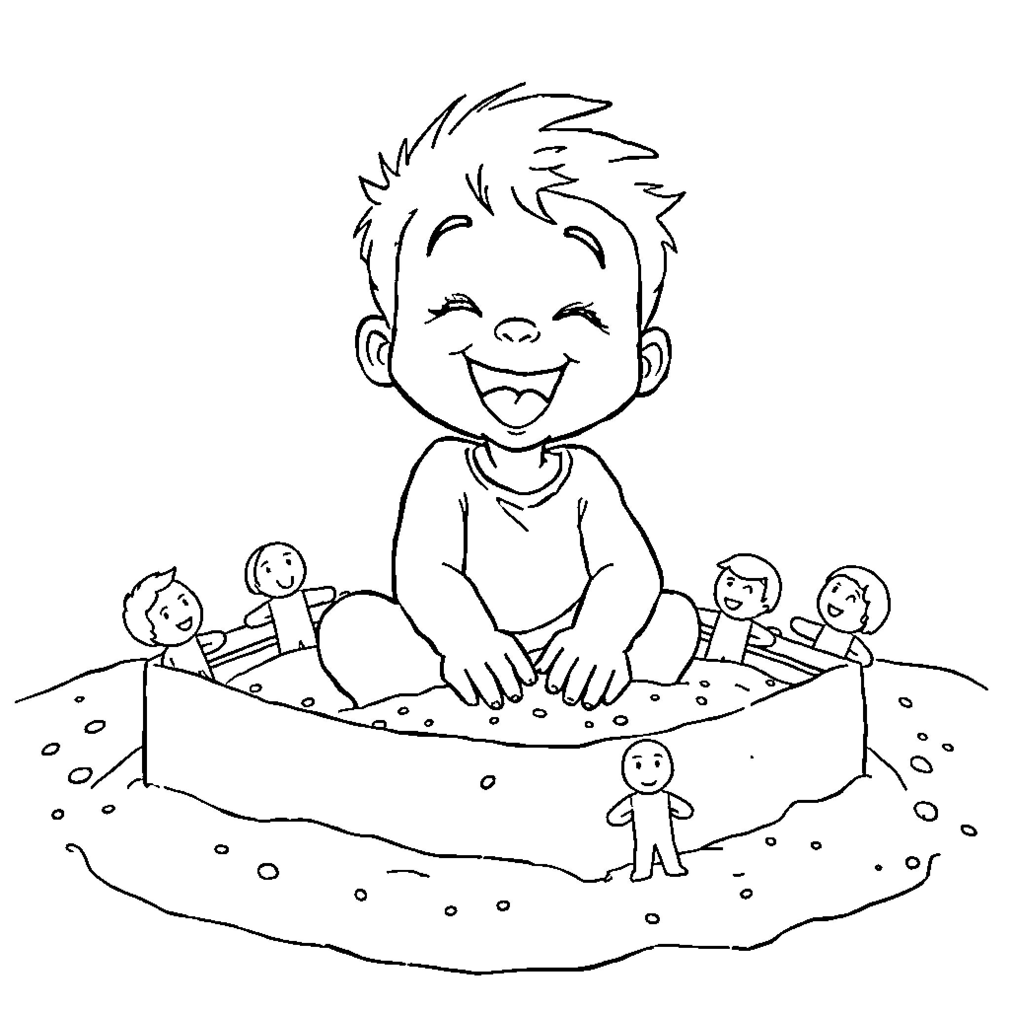 Bluey playing joyfully with friends in the sandbox Coloring Page (free black-and-white line drawing printable PDF for all, from beginners to advanced learners, including children, teens, adults, and seniors)