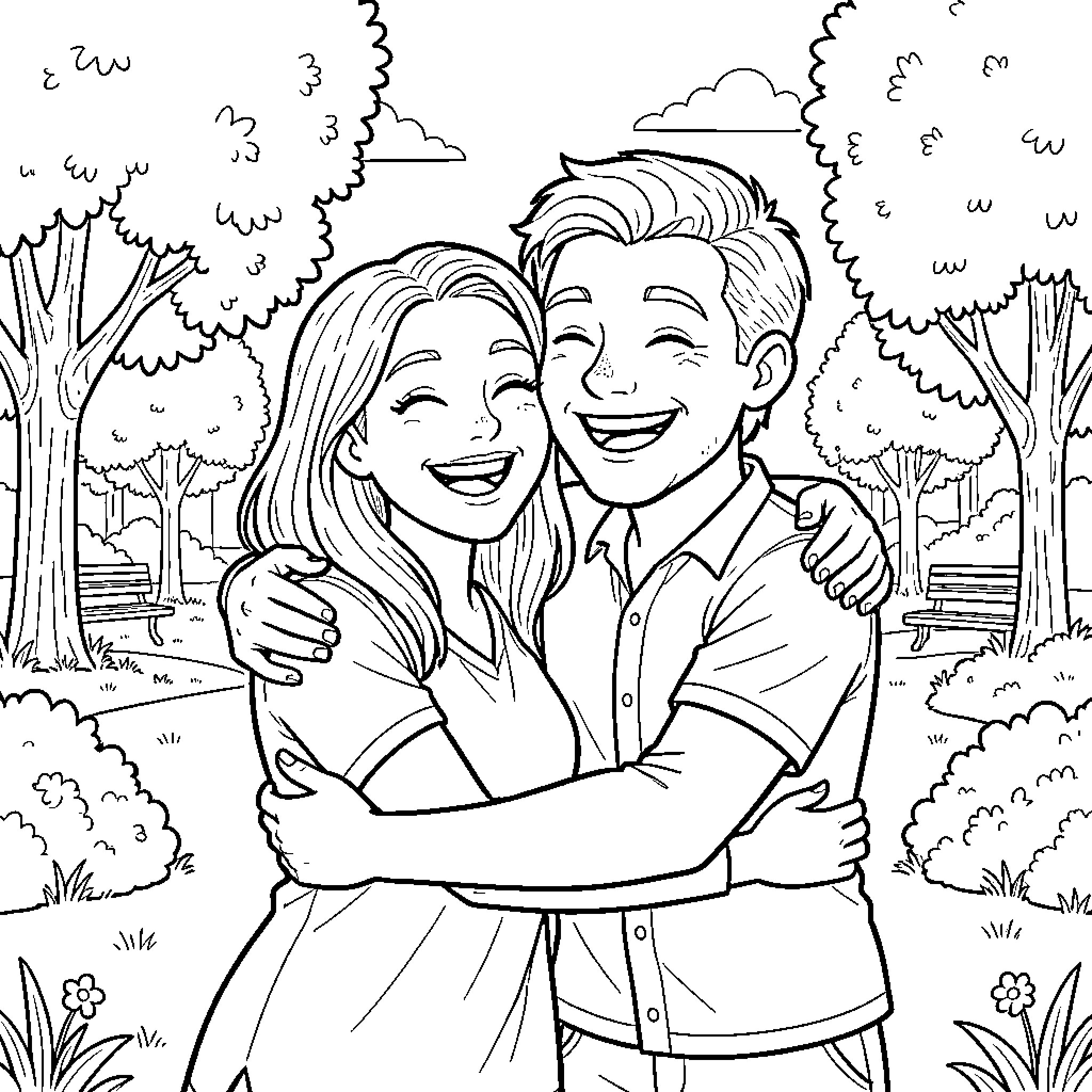 Friend's Embrace in the Peaceful Park Coloring Page (free black-and-white line drawing printable PDF for all, from beginners to advanced learners, including children, teens, adults, and seniors)