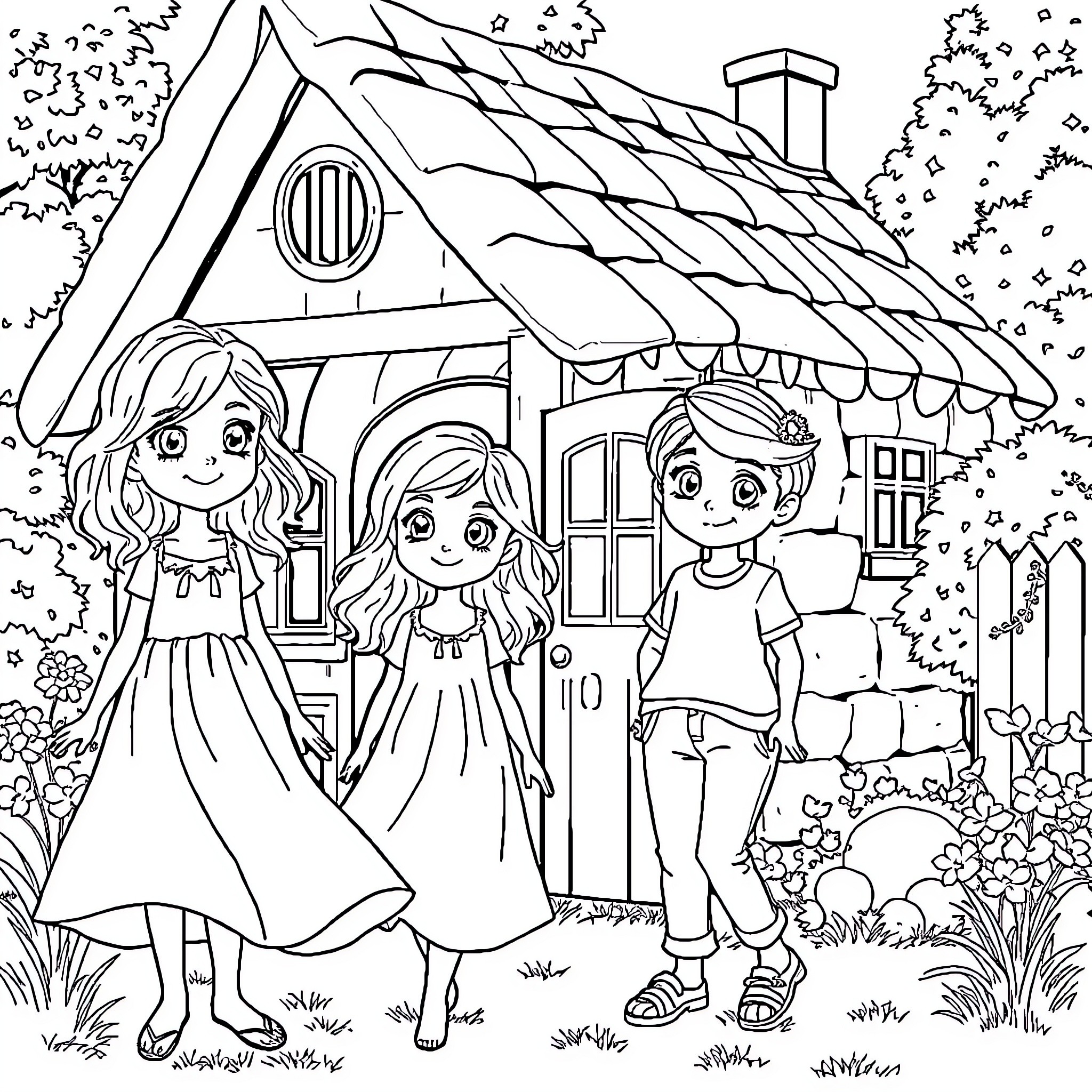 Girl Exploring a Whimsical Cottage with Friends Coloring Page (free black-and-white line drawing printable PDF for all, from beginners to advanced learners, including children, teens, adults, and seniors)