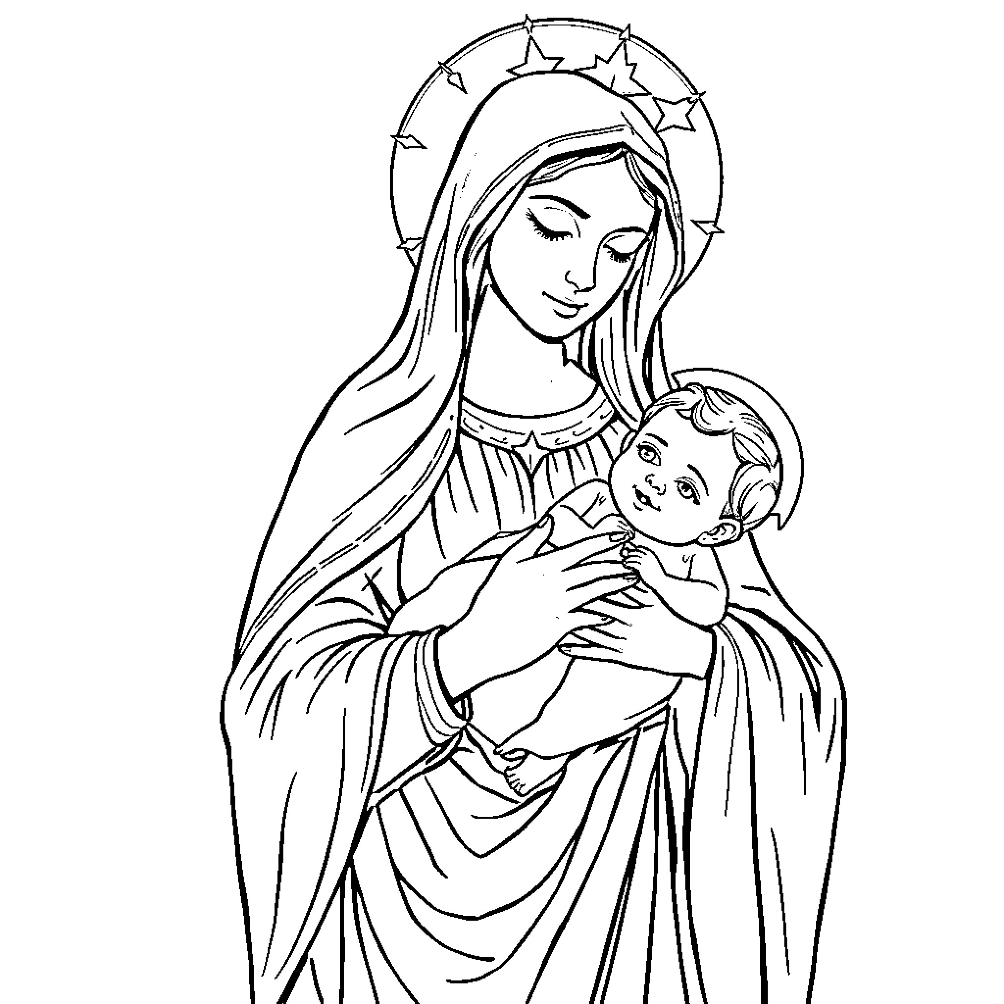 Virgen de Santa Ana holding the Christ child with tenderness Coloring Page (free black-and-white line drawing printable PDF for all, from beginners to advanced learners, including children, teens, adults, and seniors)