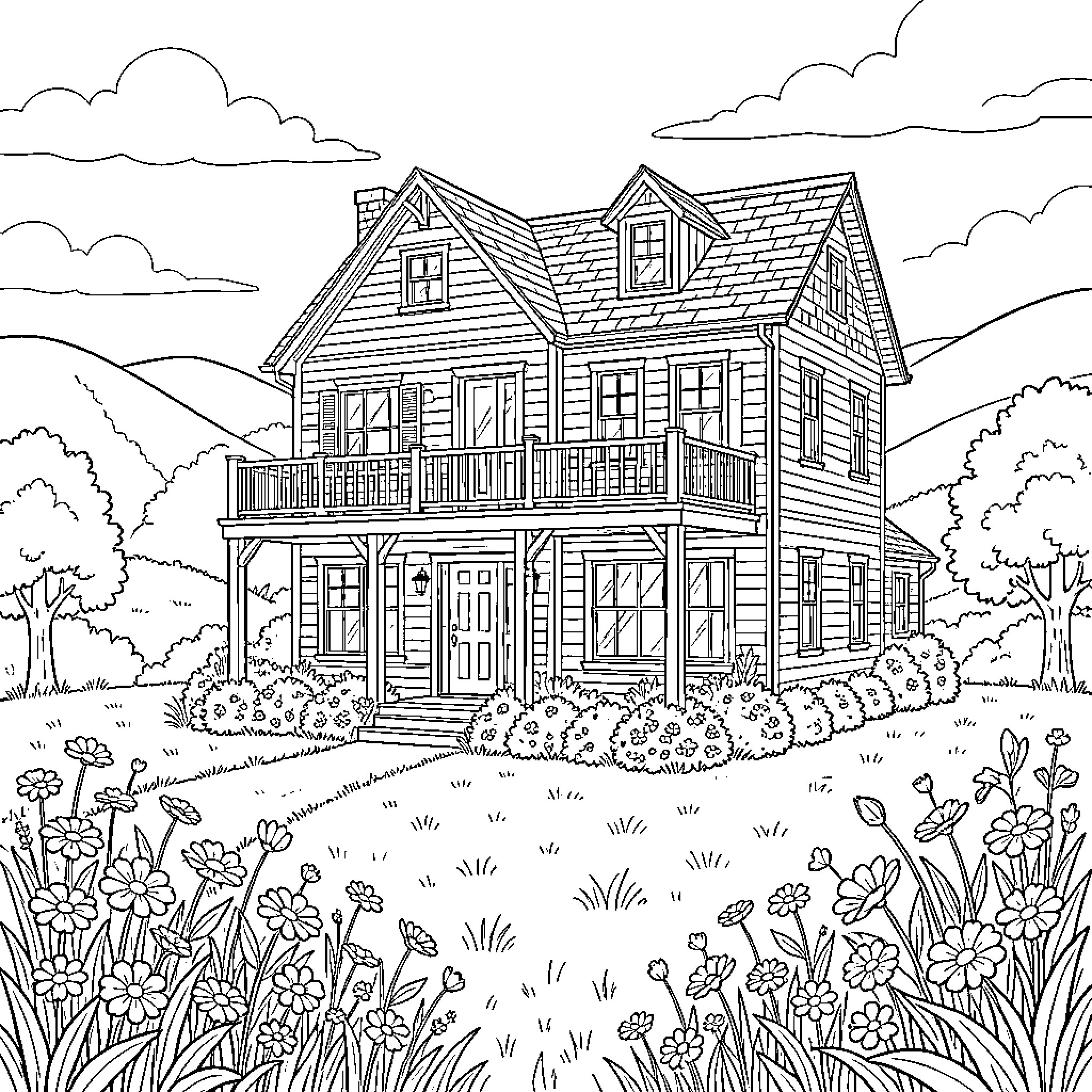 House standing peacefully amidst a blooming flower garden Coloring Page (free black-and-white line drawing printable PDF for all, from beginners to advanced learners, including children, teens, adults, and seniors)