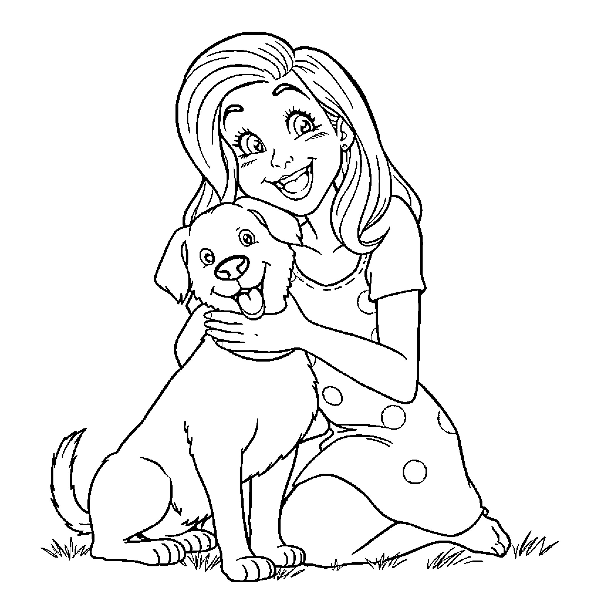 Helen Parr enjoying time with her pet dog Coloring Page (free black-and-white line drawing printable PDF for all, from beginners to advanced learners, including children, teens, adults, and seniors)