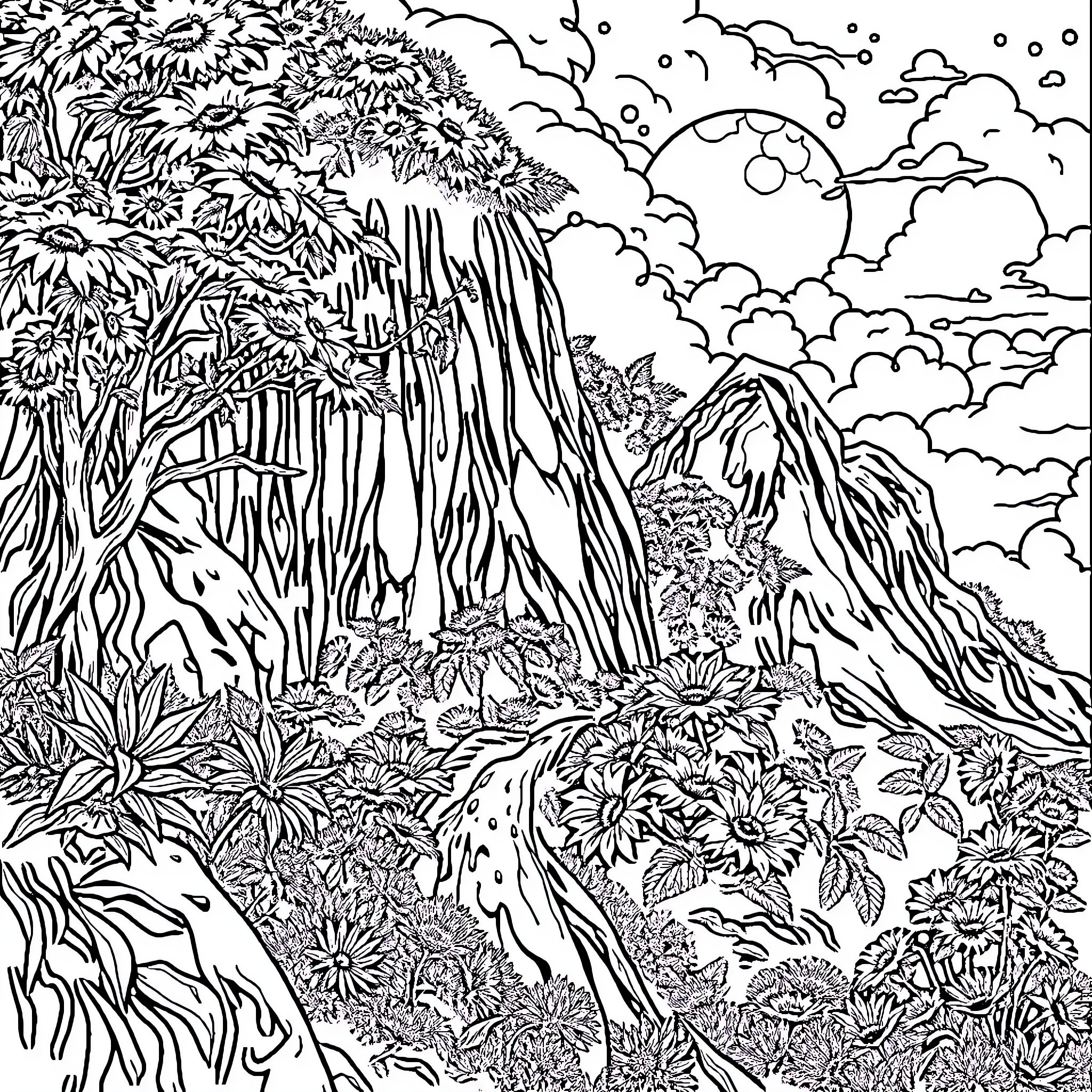 View of Majestic Tropical Landscape Coloring Page (free black-and-white line drawing printable PDF for all, from beginners to advanced learners, including children, teens, adults, and seniors)
